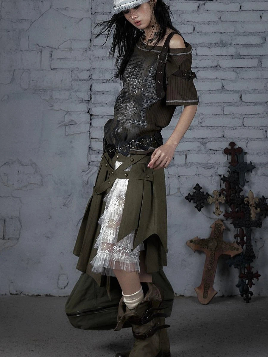 Punk Military Asymmetrical Sleeve Print Loose Knit T-Shirt
