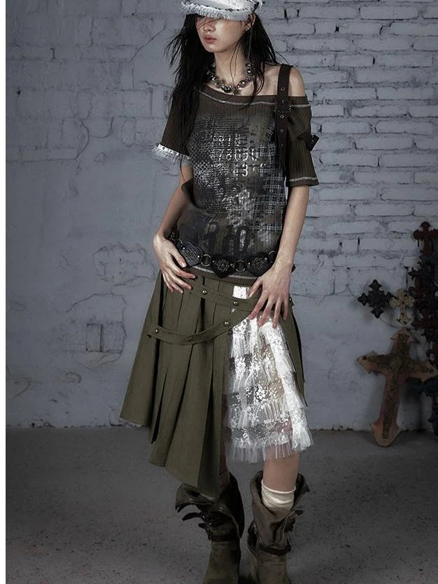 Punk Military Asymmetrical Sleeve Print Loose Knit T-Shirt