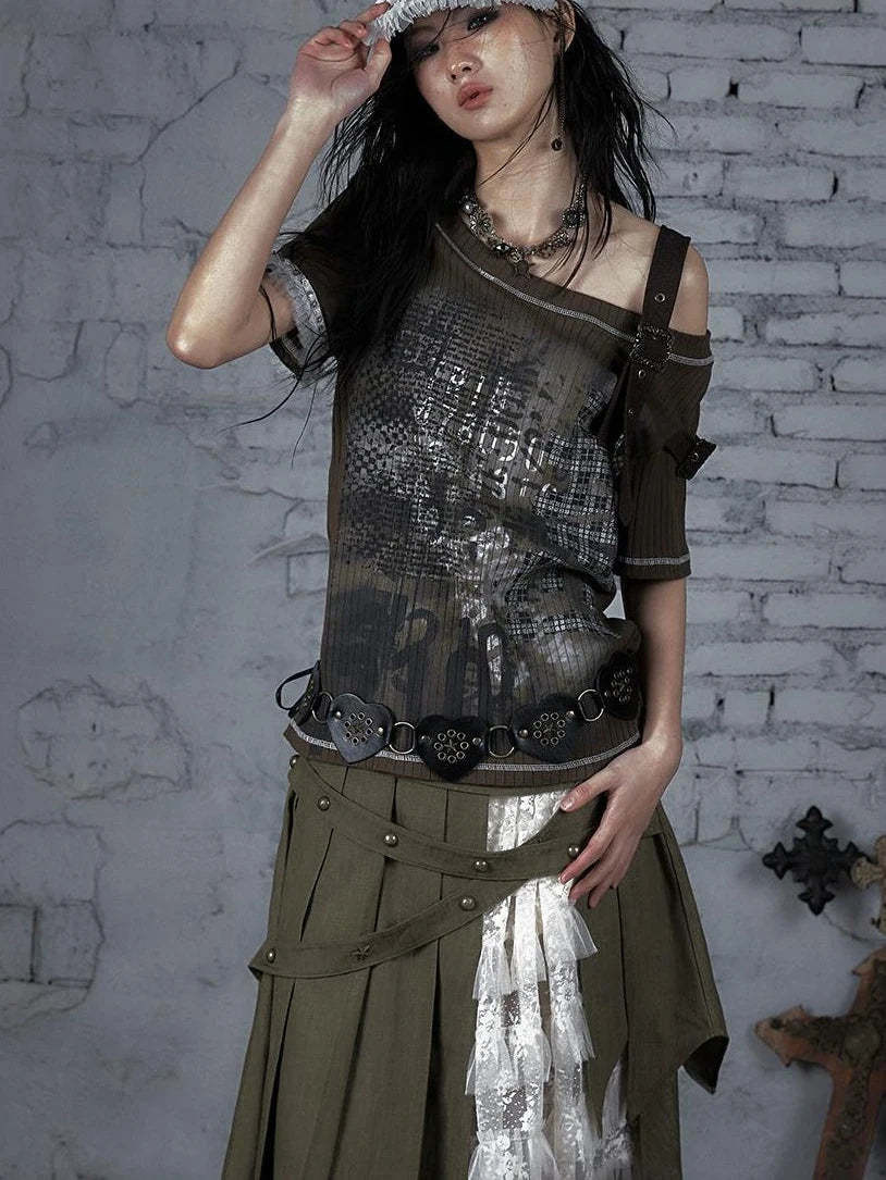 Punk Military Asymmetrical Sleeve Print Loose Knit T-Shirt
