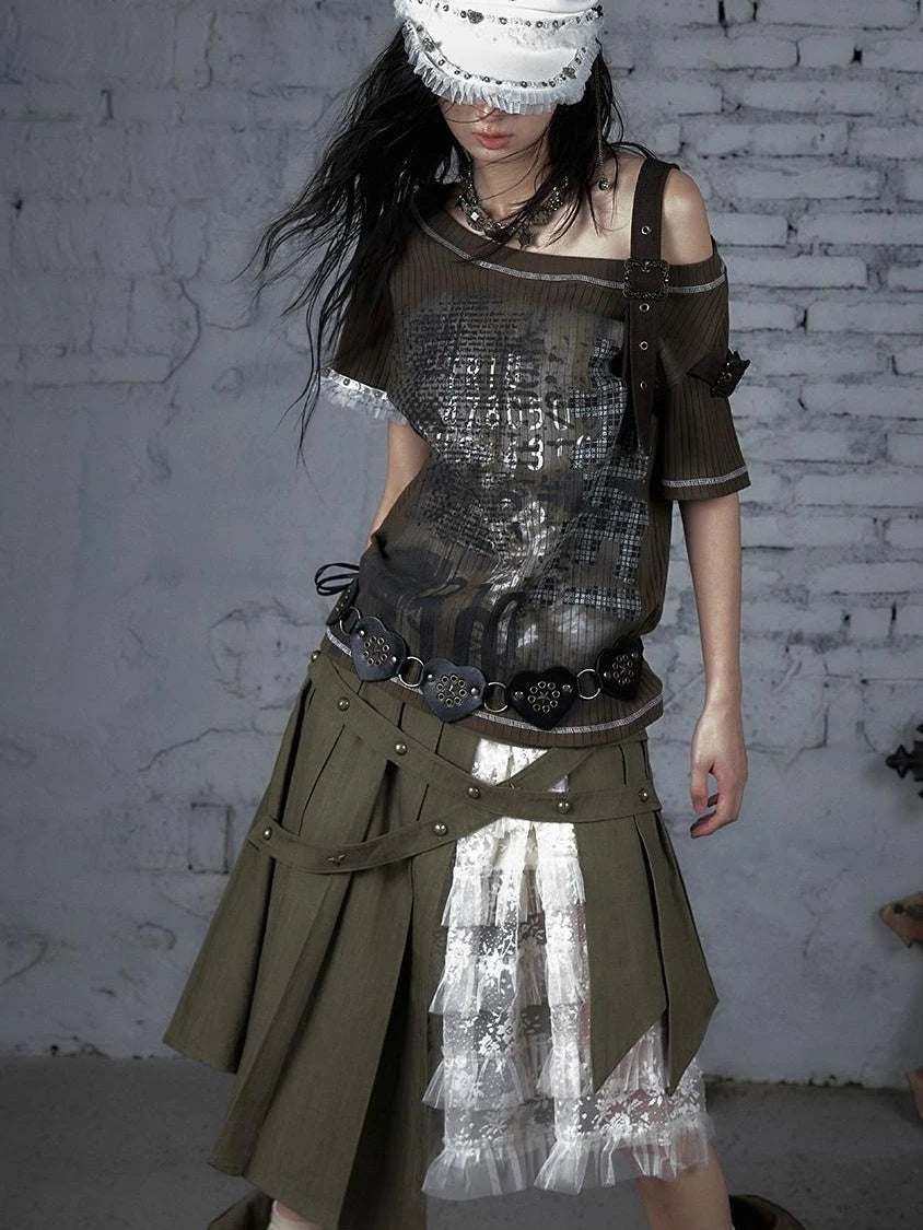 Punk Military Asymmetrical Sleeve Print Loose Knit T-Shirt