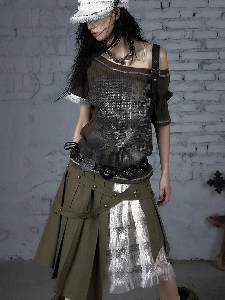 Punk Military Asymmetrical Sleeve Print Loose Knit T-Shirt