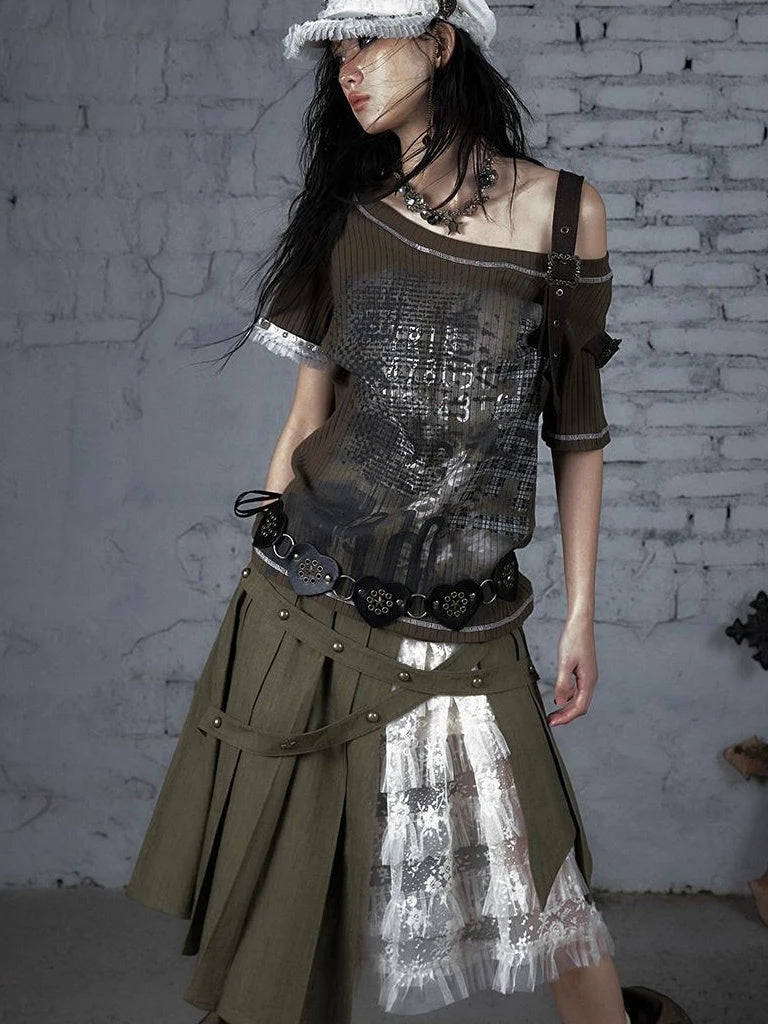 Punk Military Asymmetrical Sleeve Print Loose Knit T-Shirt