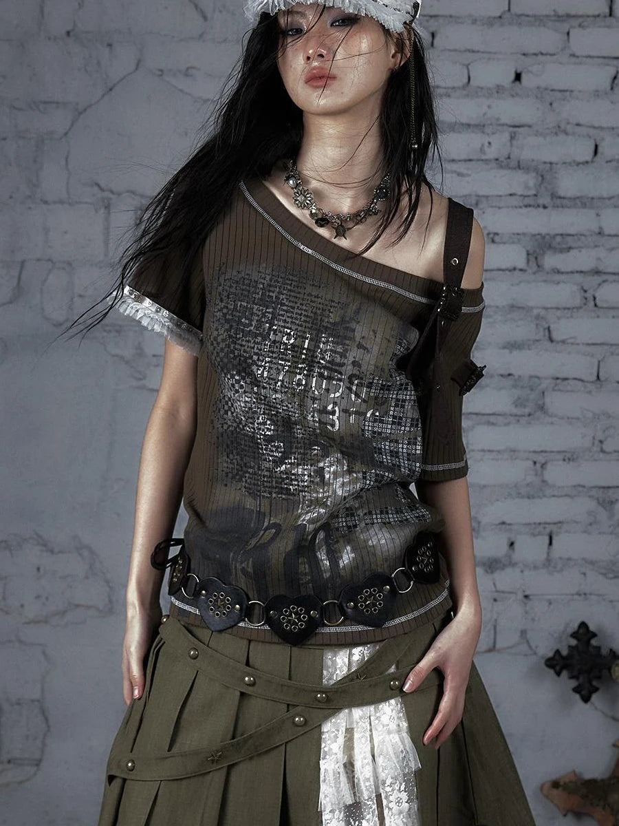 Punk Military Asymmetrical Sleeve Print Loose Knit T-Shirt