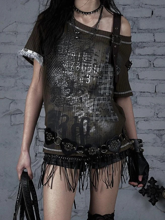 Punk Military Asymmetrical Sleeve Print Loose Knit T-Shirt