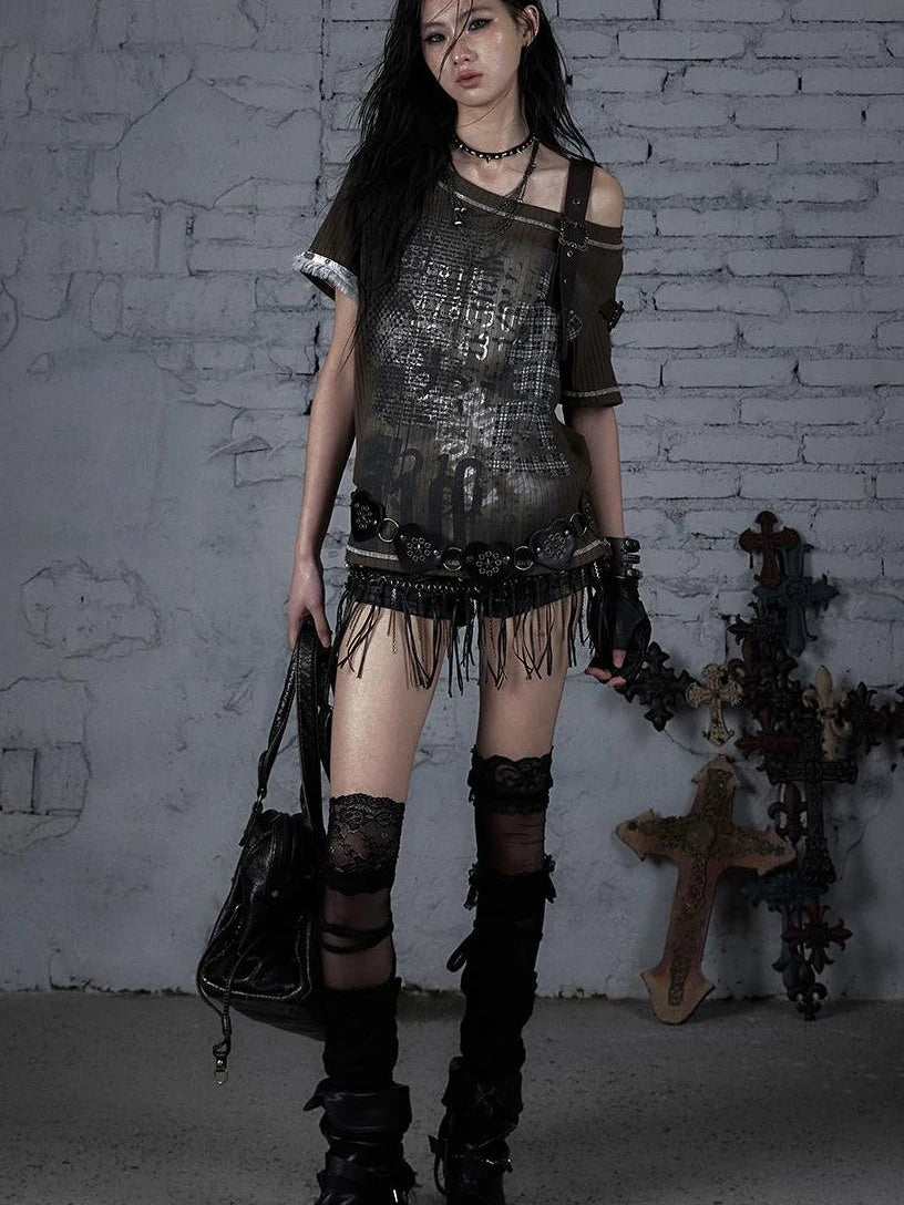 Punk Military Asymmetrical Sleeve Print Loose Knit T-Shirt