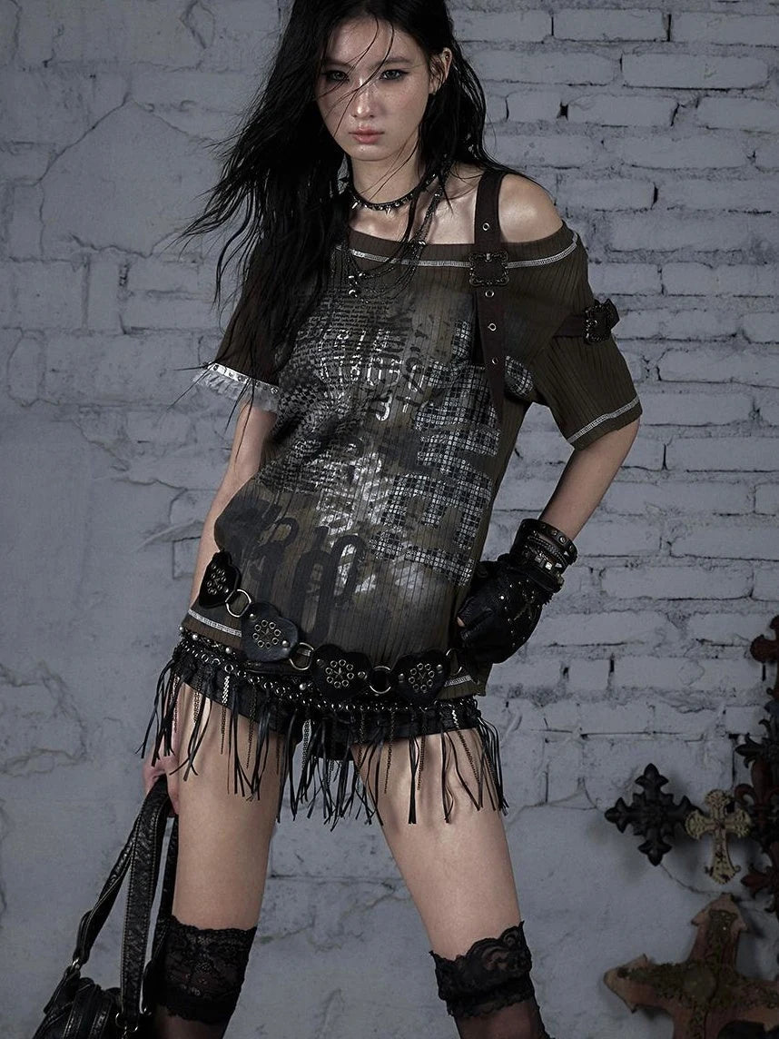 Punk Military Asymmetrical Sleeve Print Loose Knit T-Shirt