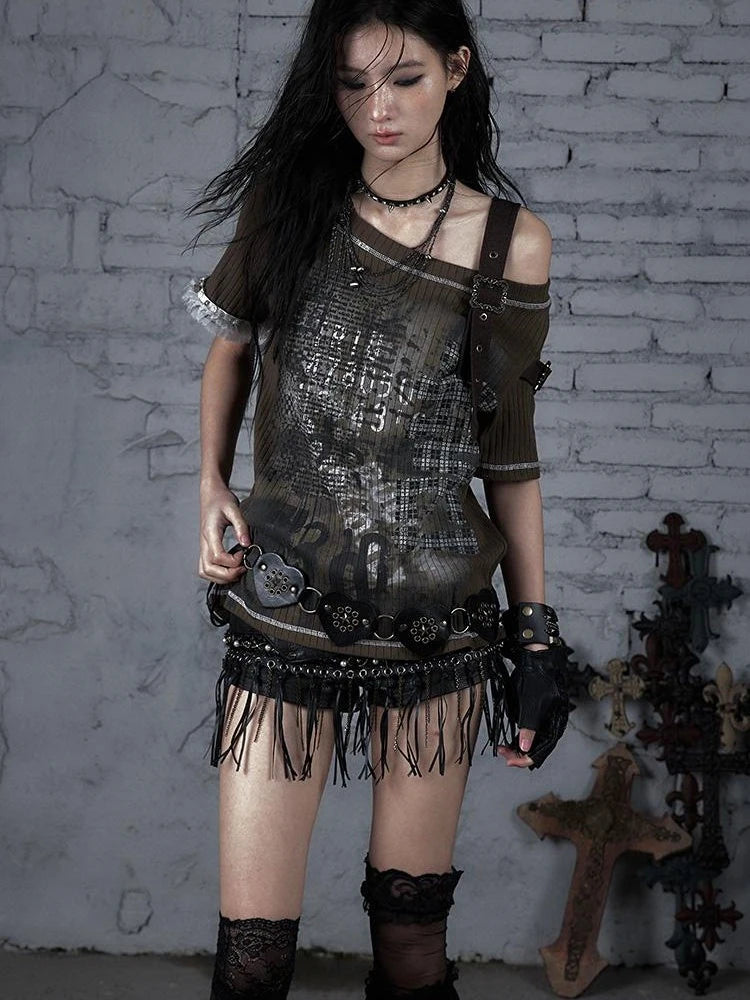 Punk Military Asymmetrical Sleeve Print Loose Knit T-Shirt
