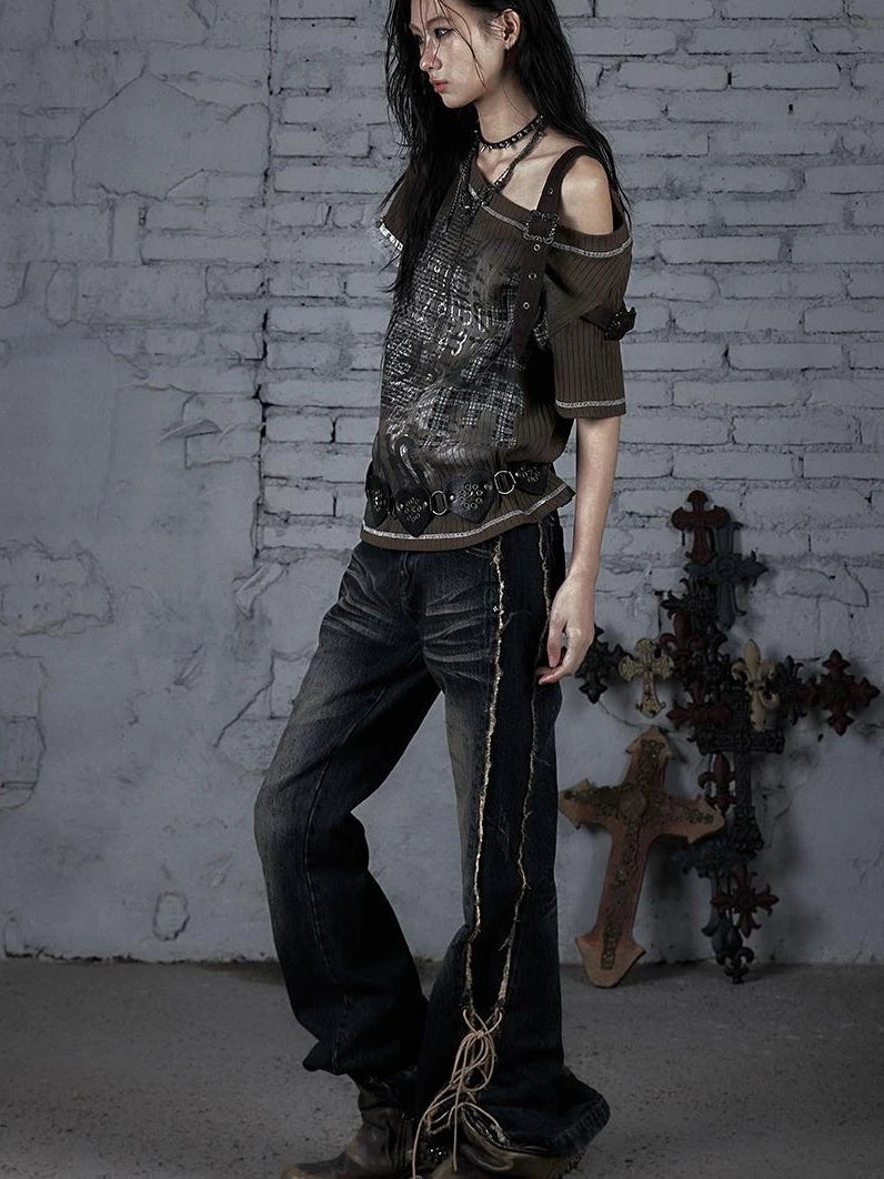 Punk Military Asymmetrical Sleeve Print Loose Knit T-Shirt