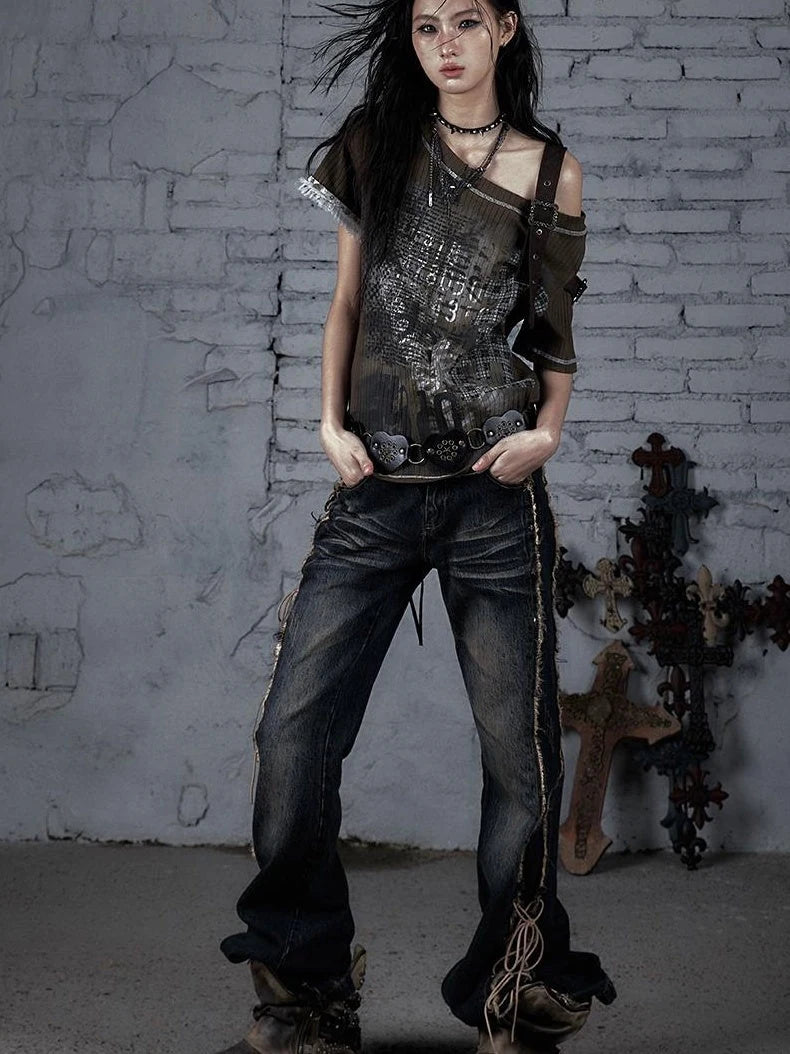 Punk Military Asymmetrical Sleeve Print Loose Knit T-Shirt