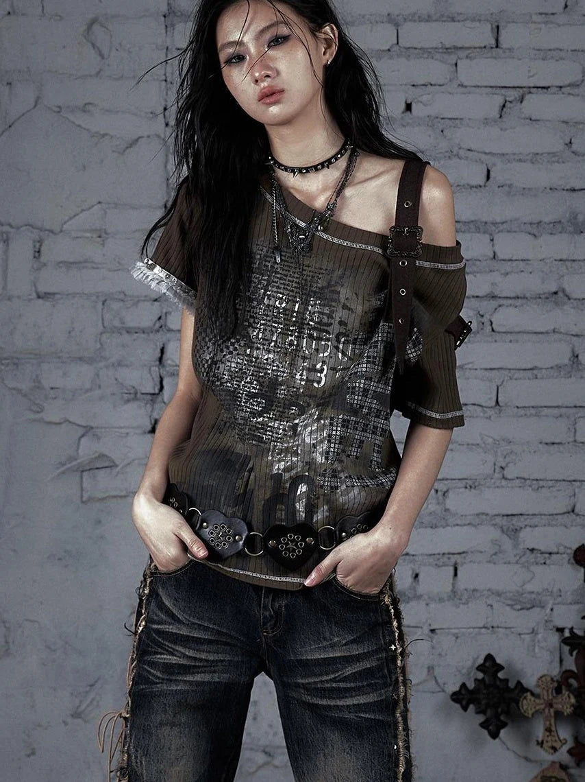 Punk Military Asymmetrical Sleeve Print Loose Knit T-Shirt