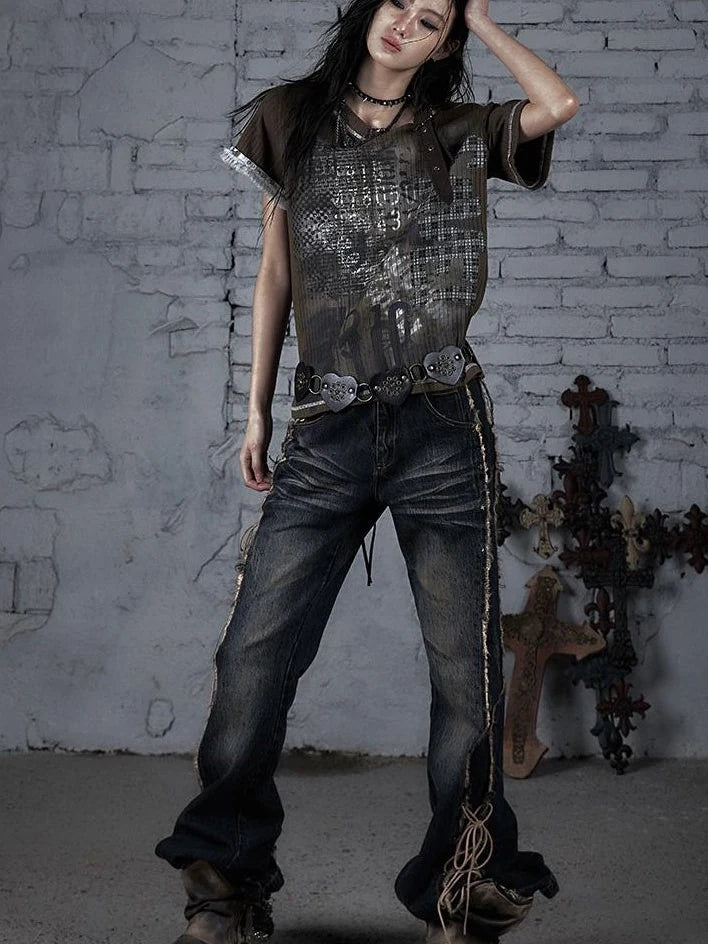 Punk Military Asymmetrical Sleeve Print Loose Knit T-Shirt