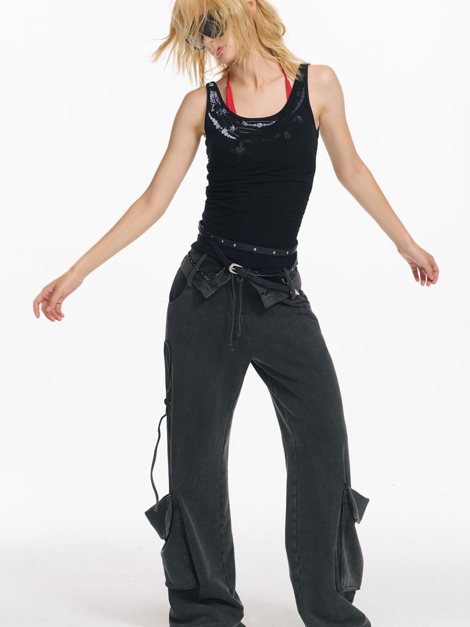 2th Desire Punk Necklace Print Mesh Slim Camisole Top