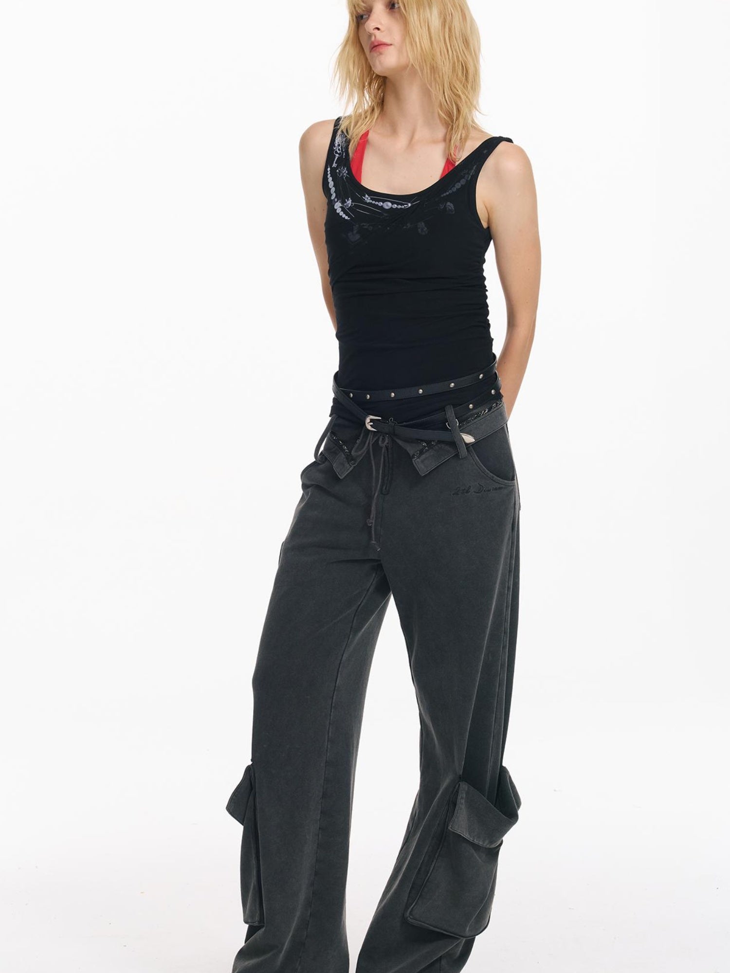 2th Desire Punk Necklace Print Mesh Slim Camisole Top