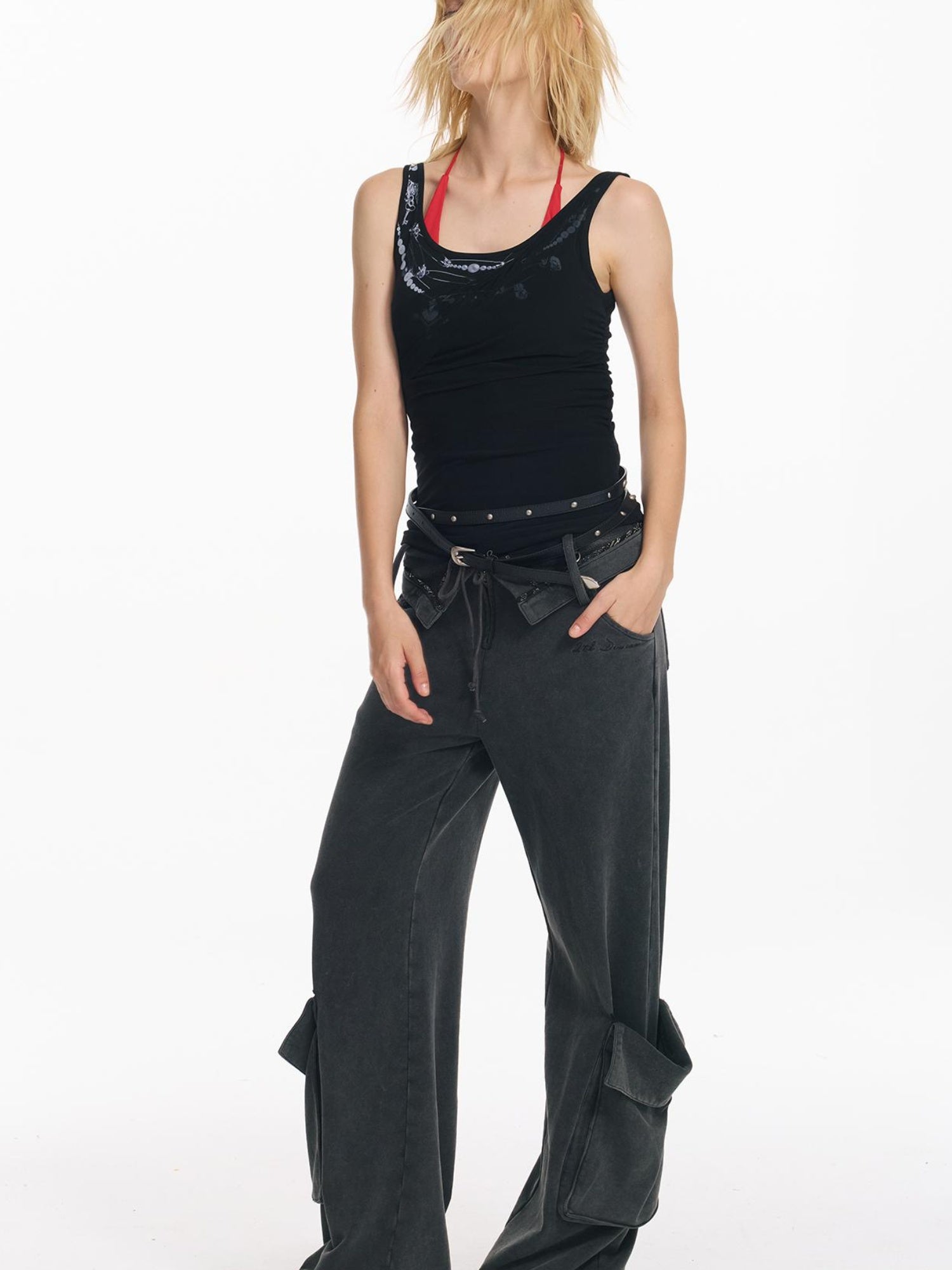 2th Desire Punk Necklace Print Mesh Slim Camisole Top