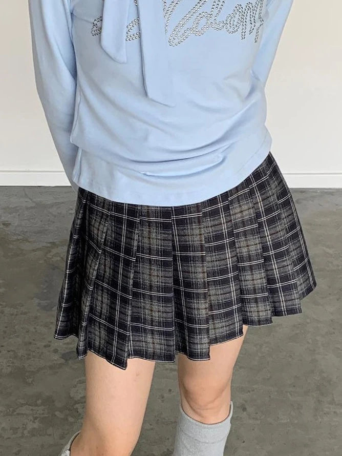 Punk Plaid Pleated Mini Skirt Mid Waist Lined A-Line Skirt
