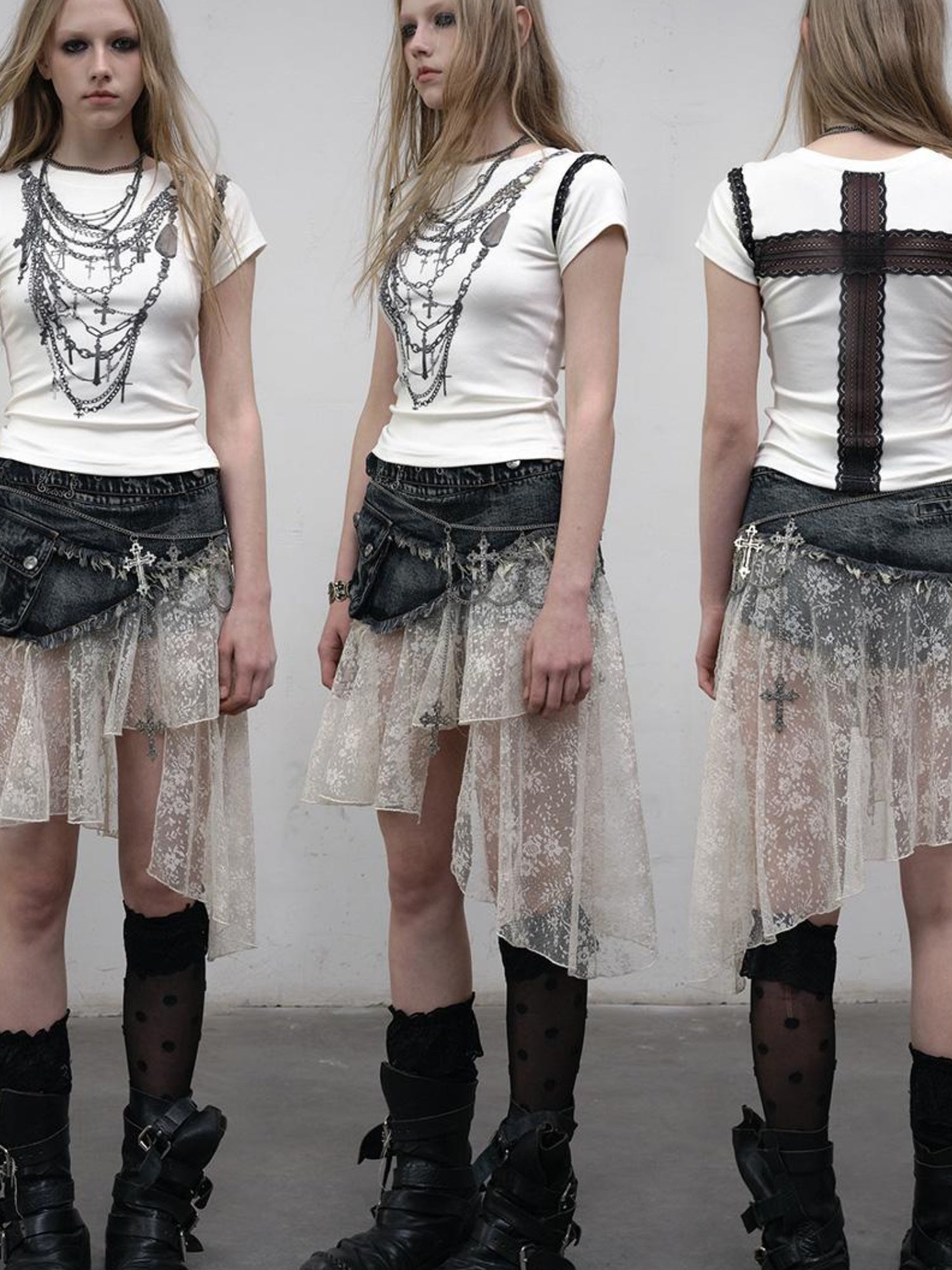NO ROMANCE Punk Print Lace Trim Slim Stretch Two-Way T-Shirt