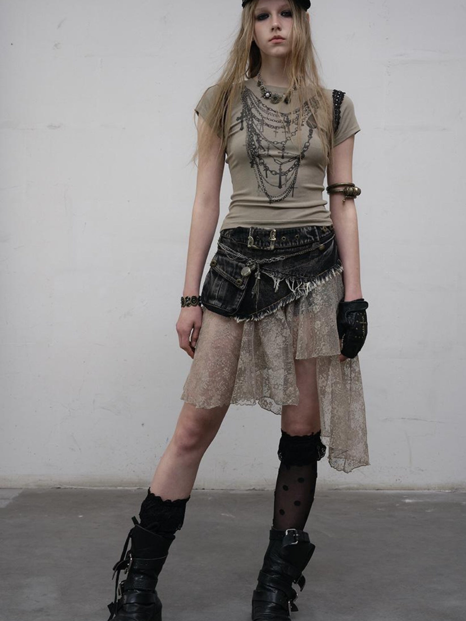 NO ROMANCE Punk Print Lace Trim Slim Stretch Two-Way T-Shirt