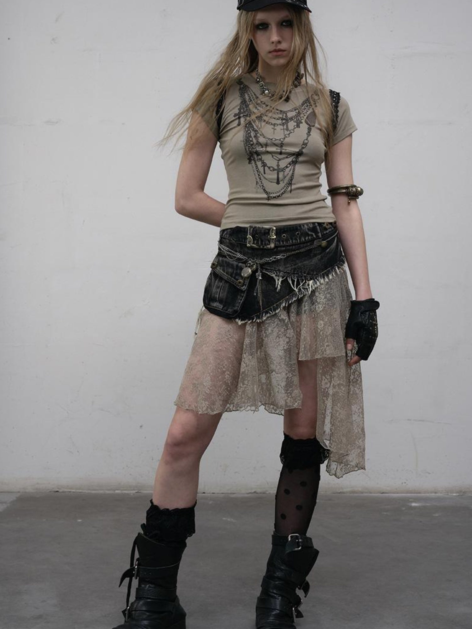 NO ROMANCE Punk Print Lace Trim Slim Stretch Two-Way T-Shirt
