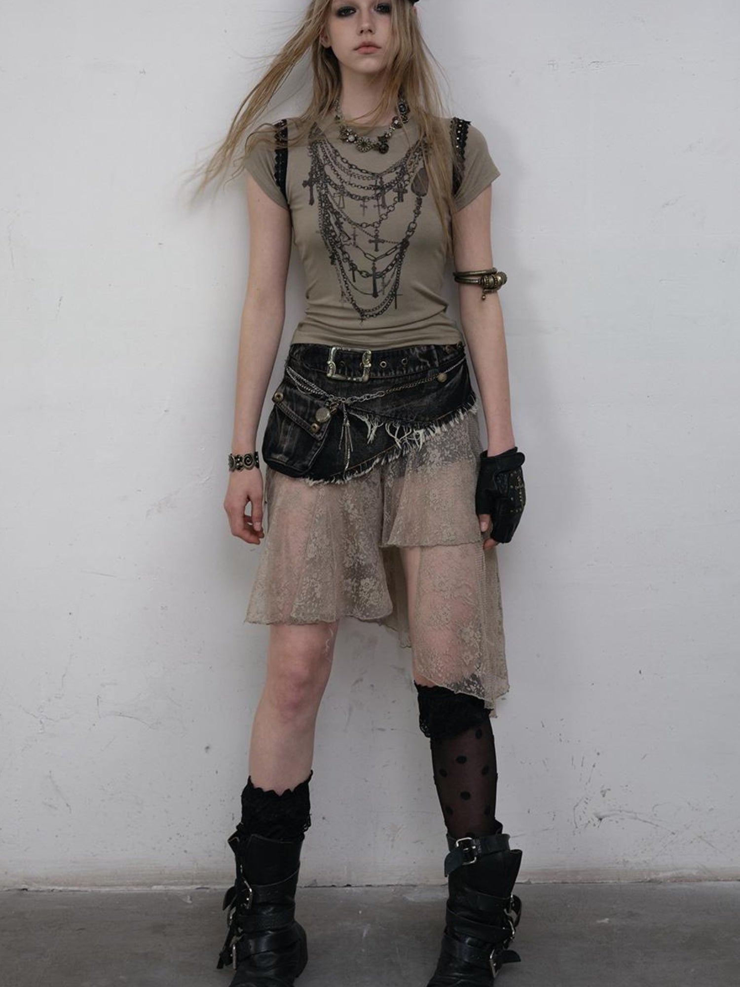 NO ROMANCE Punk Print Lace Trim Slim Stretch Two-Way T-Shirt