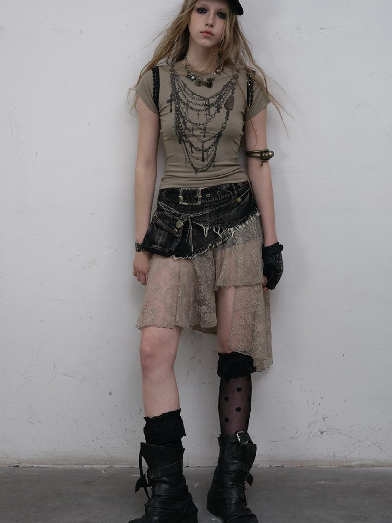 NO ROMANCE Punk Print Lace Trim Slim Stretch Two-Way T-Shirt