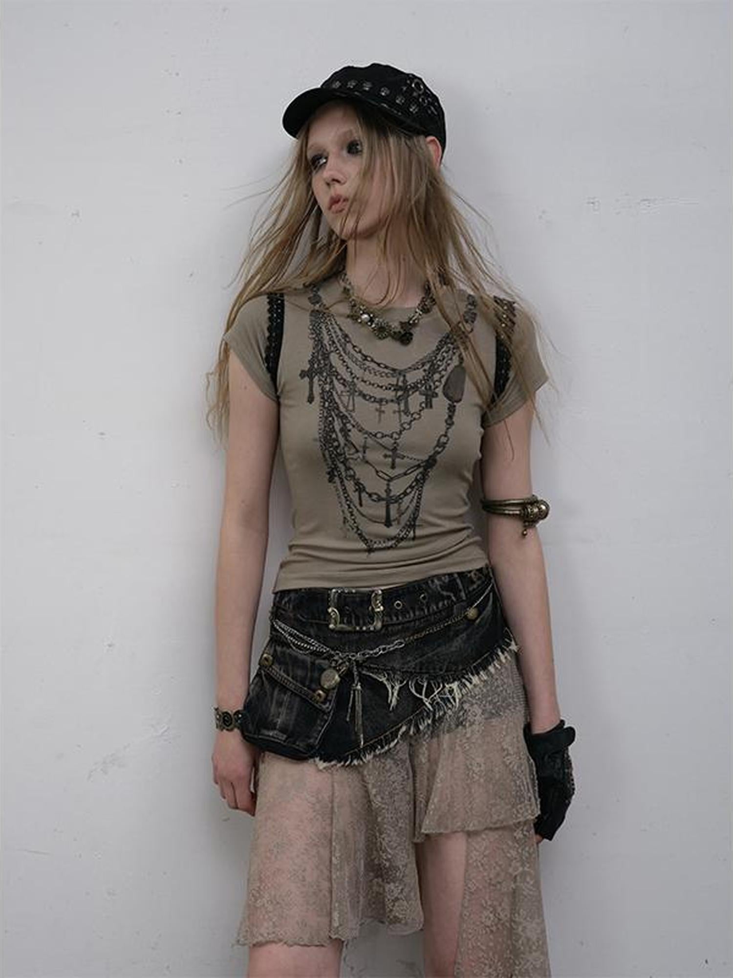 NO ROMANCE Punk Print Lace Trim Slim Stretch Two-Way T-Shirt