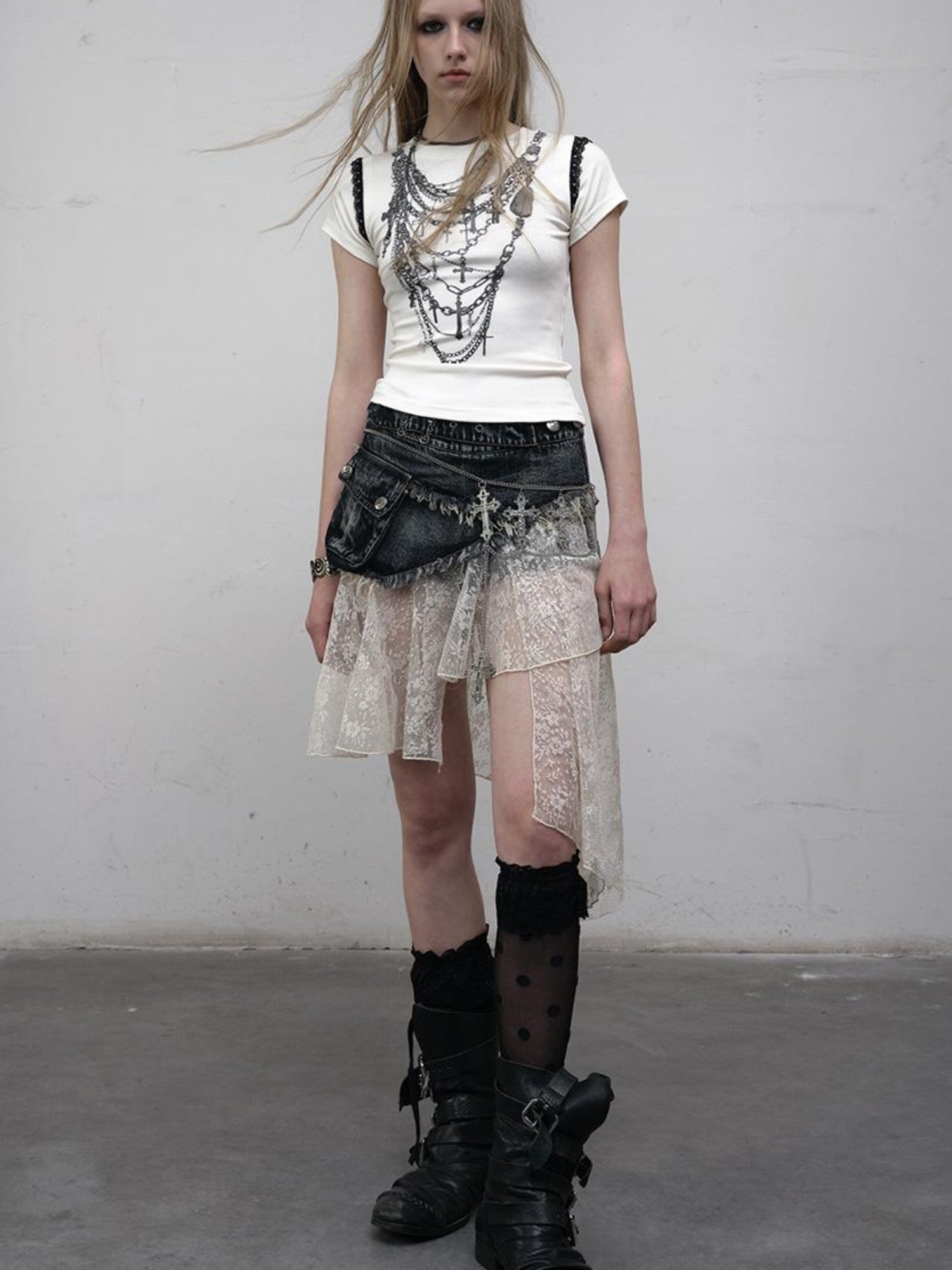 NO ROMANCE Punk Print Lace Trim Slim Stretch Two-Way T-Shirt