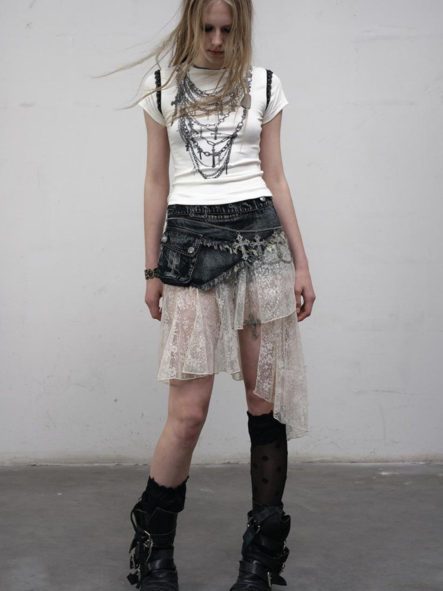 NO ROMANCE Punk Print Lace Trim Slim Stretch Two-Way T-Shirt
