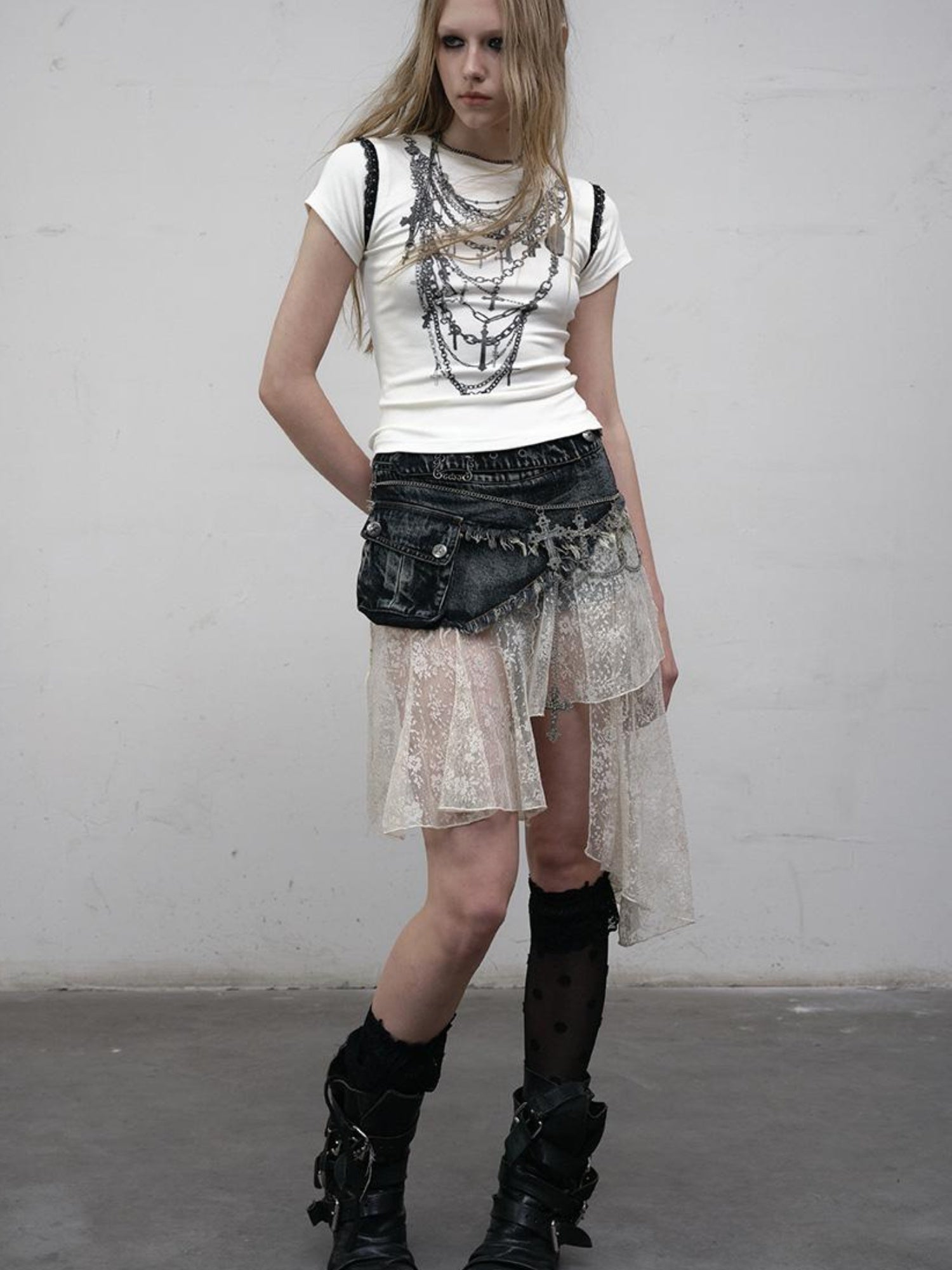 NO ROMANCE Punk Print Lace Trim Slim Stretch Two-Way T-Shirt