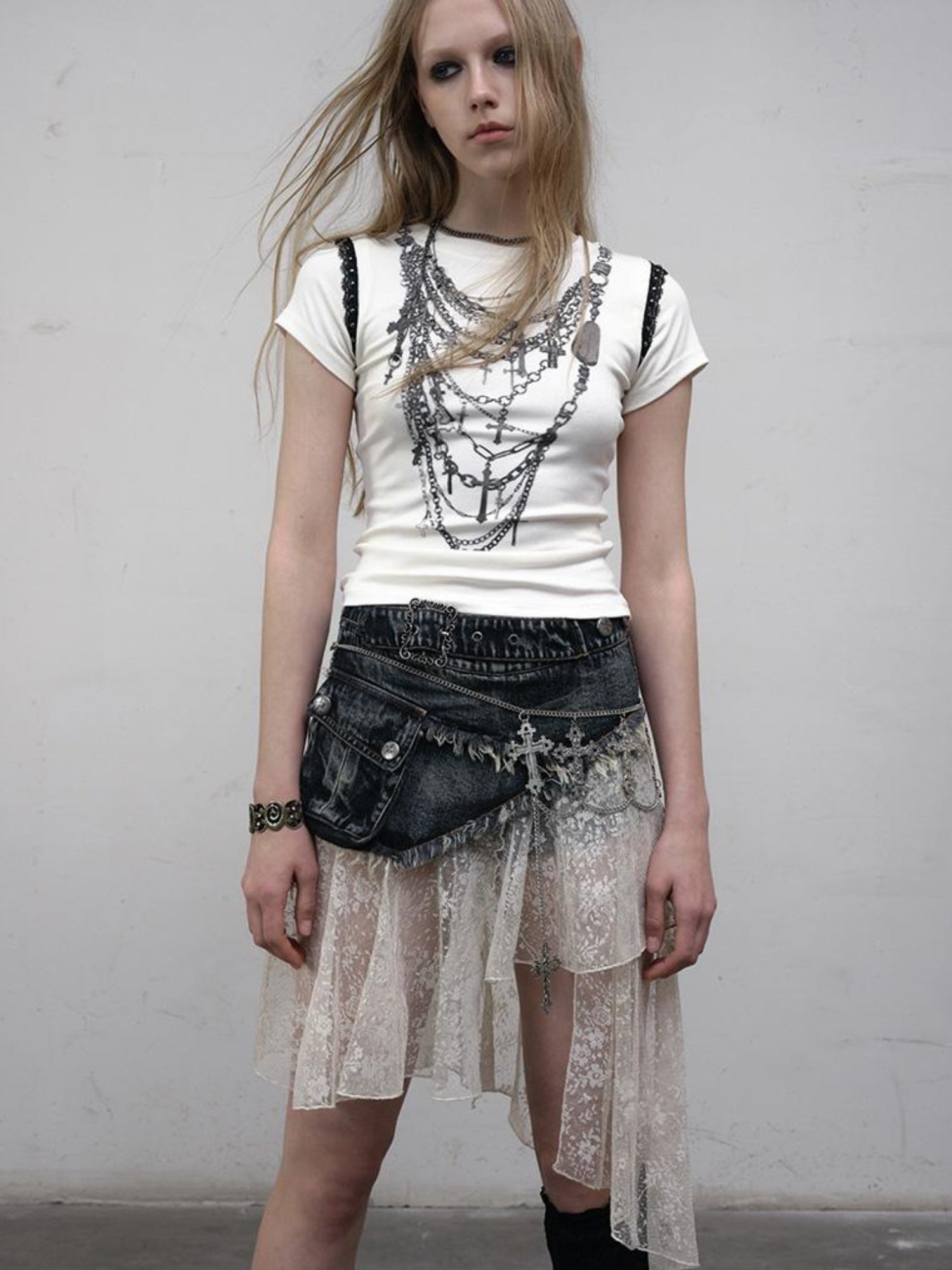 NO ROMANCE Punk Print Lace Trim Slim Stretch Two-Way T-Shirt