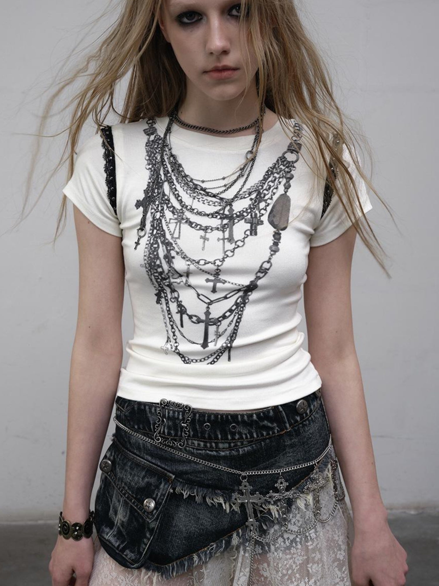 NO ROMANCE Punk Print Lace Trim Slim Stretch Two-Way T-Shirt