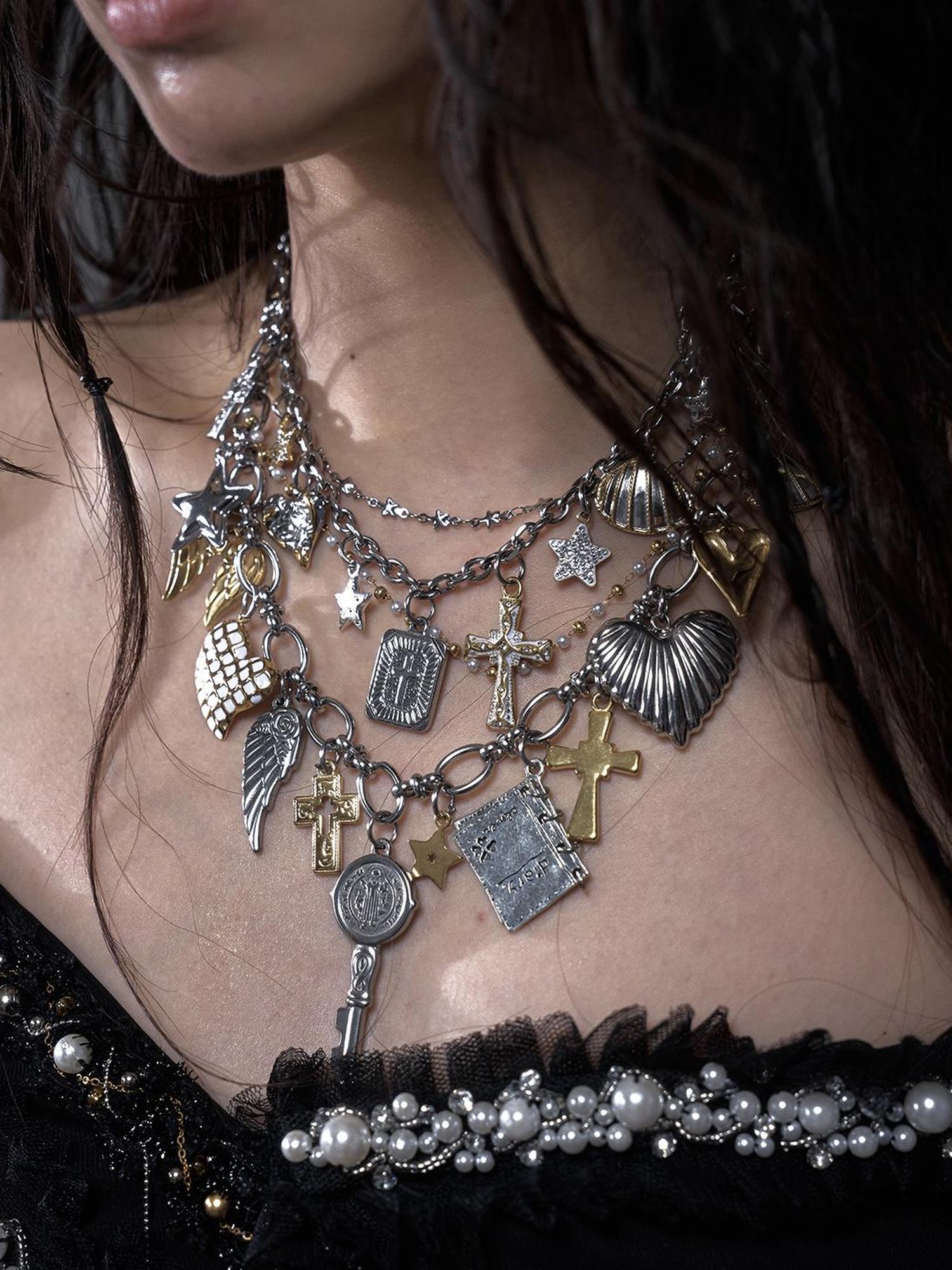 NO ROMANCE Punk Retro Cross Layered Necklace With Heart & Rhinestones