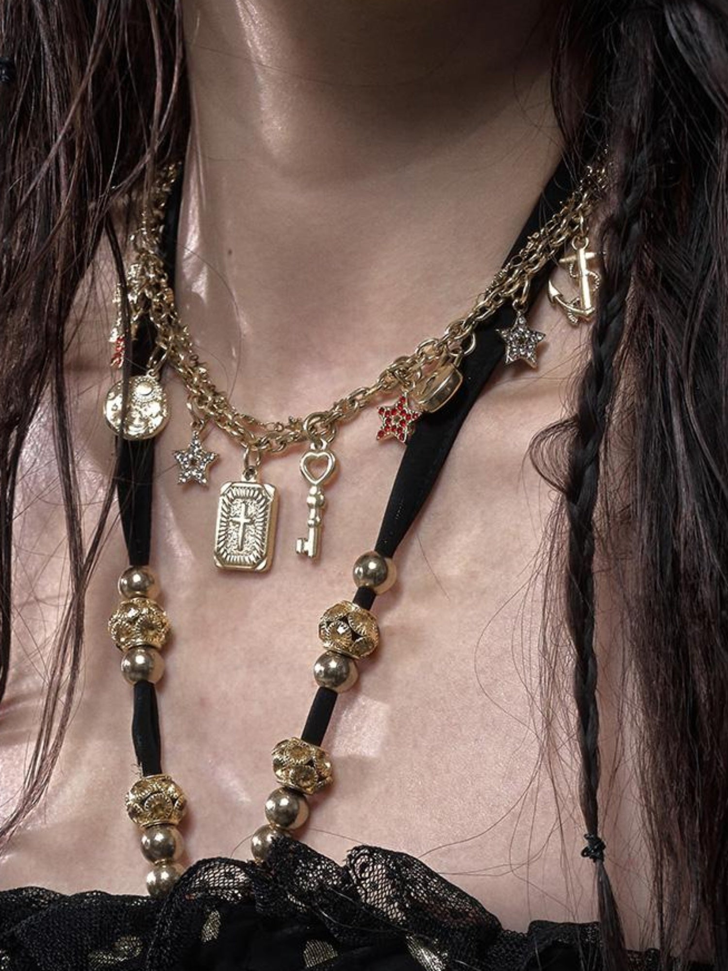 NO ROMANCE Punk Retro Cross Layered Necklace With Heart & Rhinestones