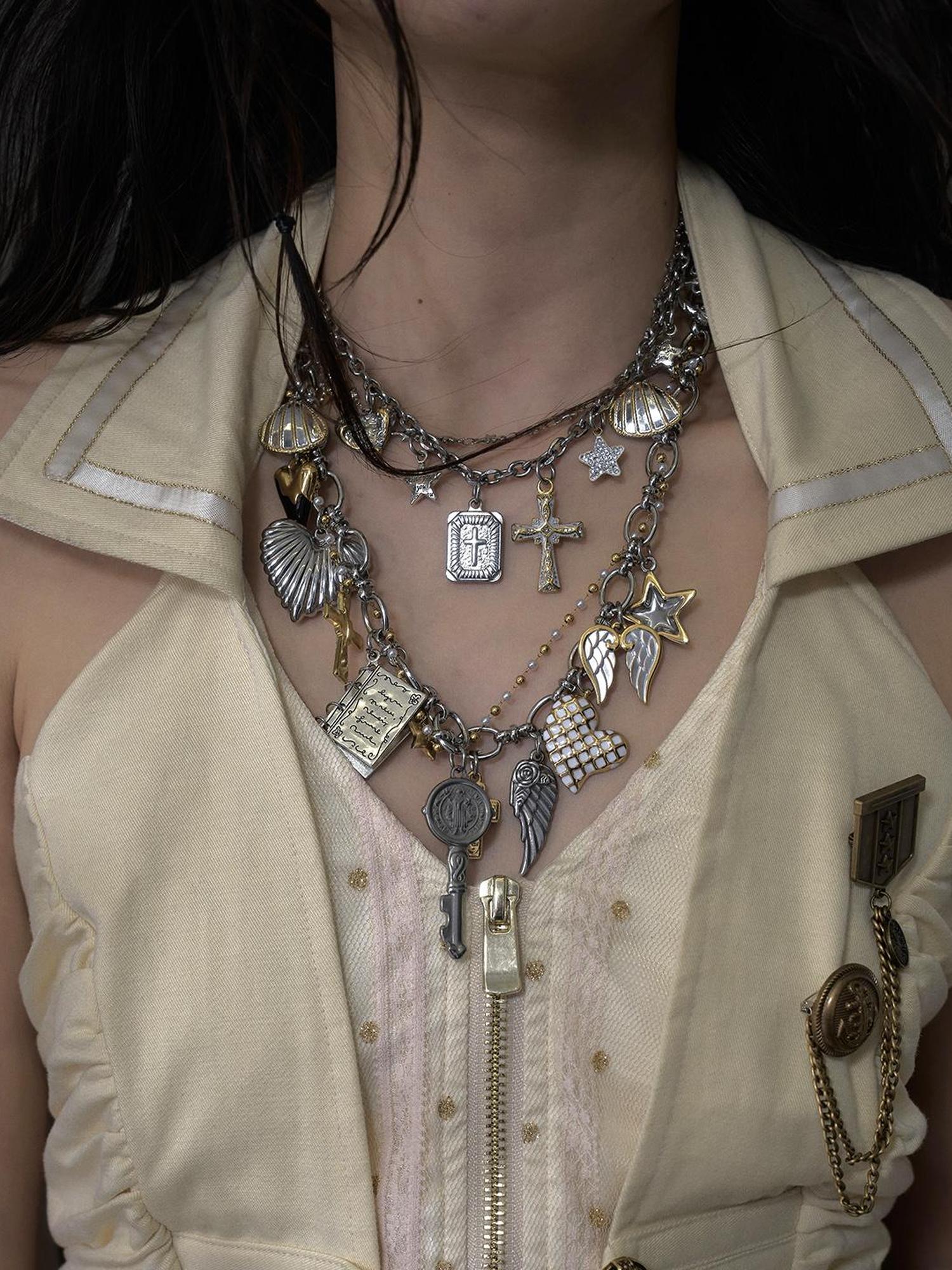 NO ROMANCE Punk Retro Cross Layered Necklace With Heart & Rhinestones