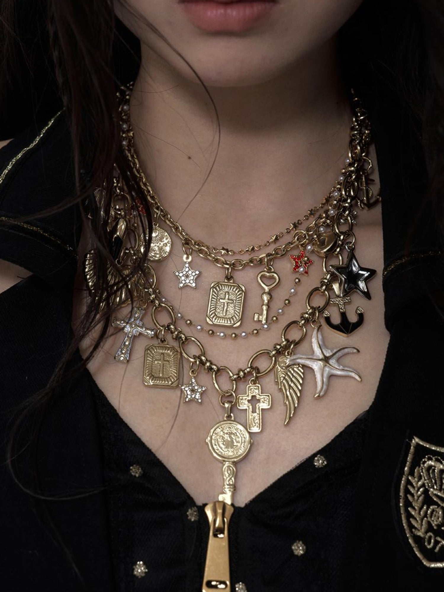 NO ROMANCE Punk Retro Cross Layered Necklace With Heart & Rhinestones