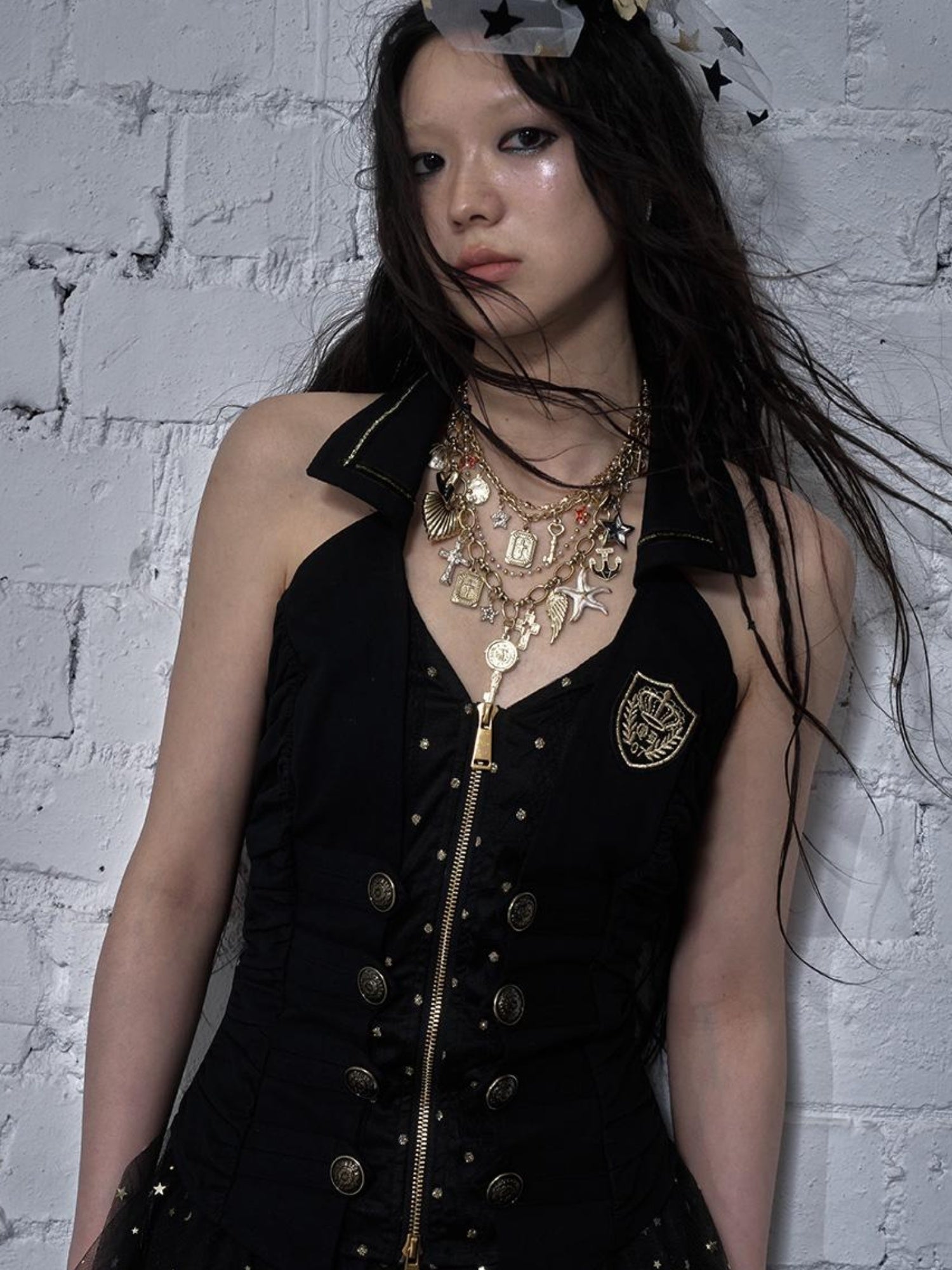 NO ROMANCE Punk Retro Cross Layered Necklace With Heart & Rhinestones