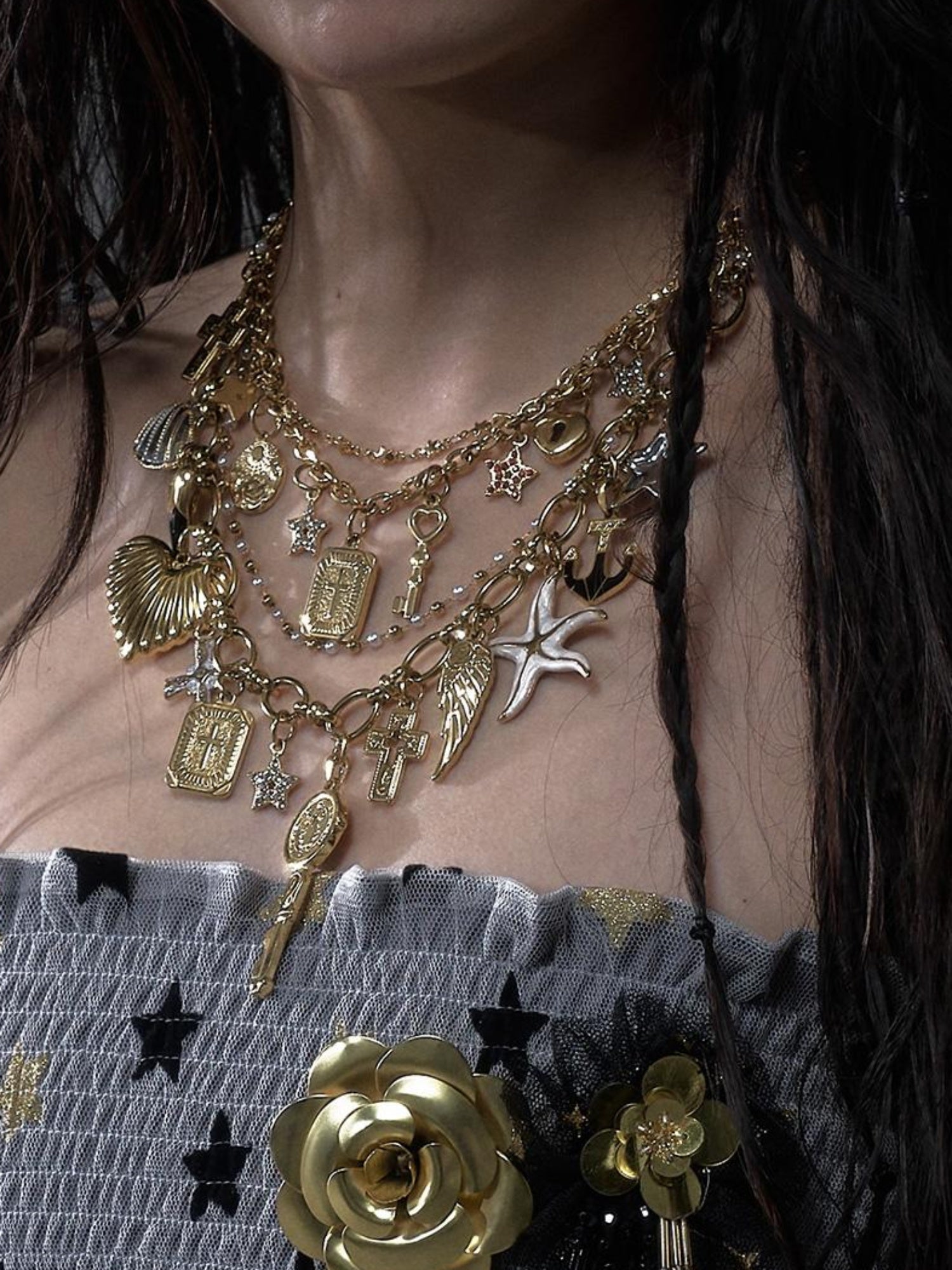 NO ROMANCE Punk Retro Cross Layered Necklace With Heart & Rhinestones