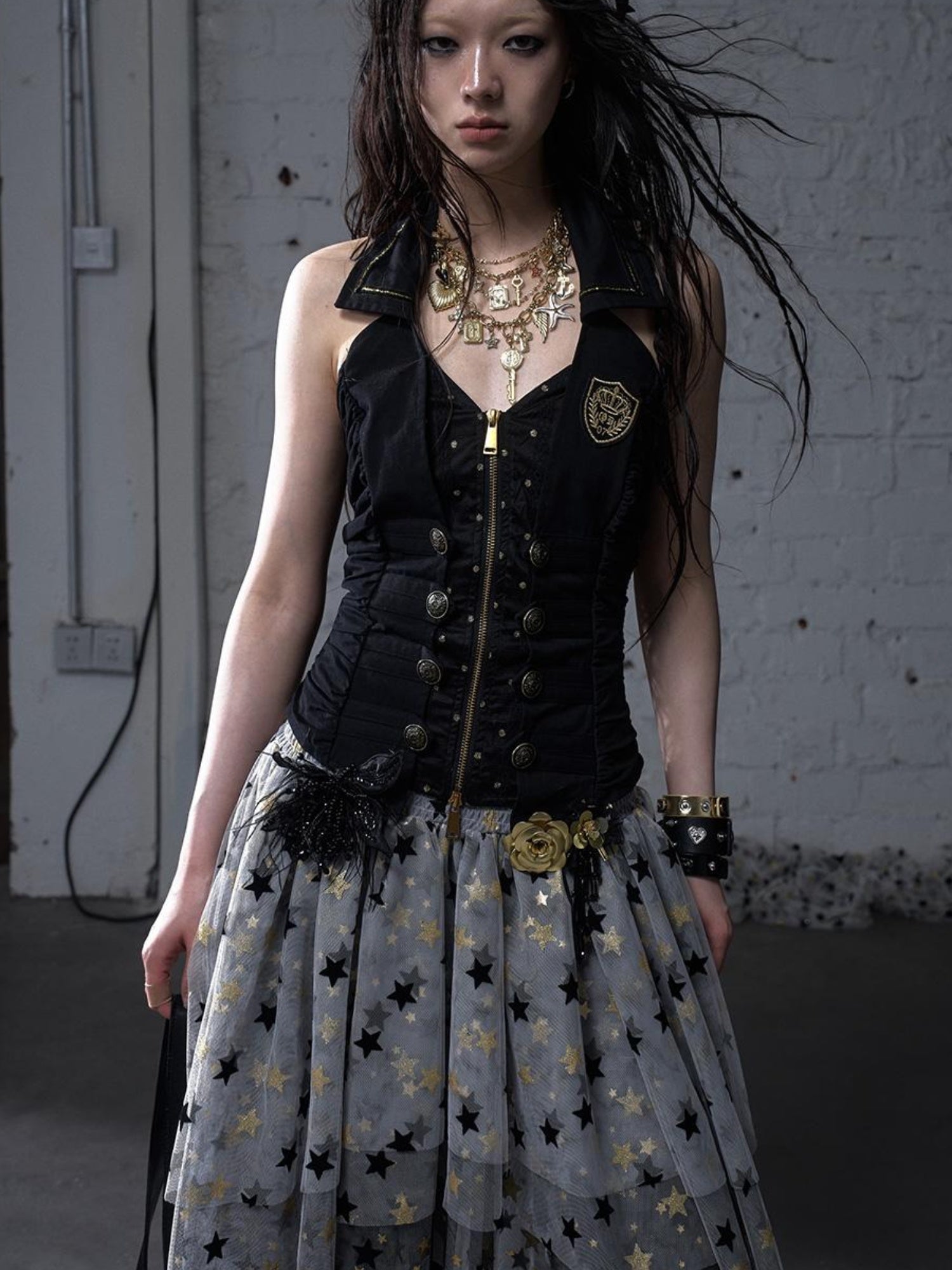 NO ROMANCE Punk Retro Cross Layered Necklace With Heart & Rhinestones