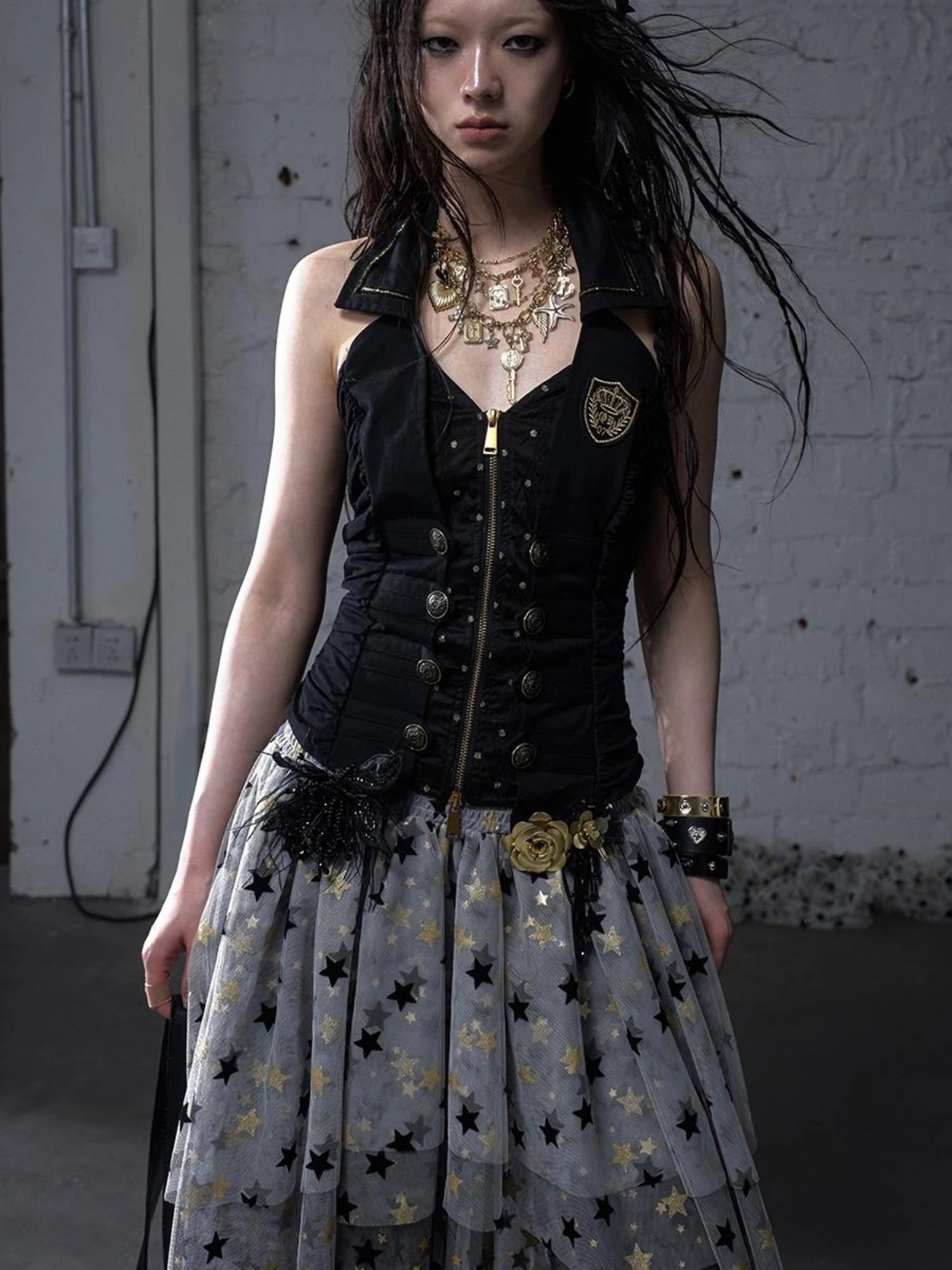 Punk Retro Cross Layered Necklace With Heart & Rhinestones