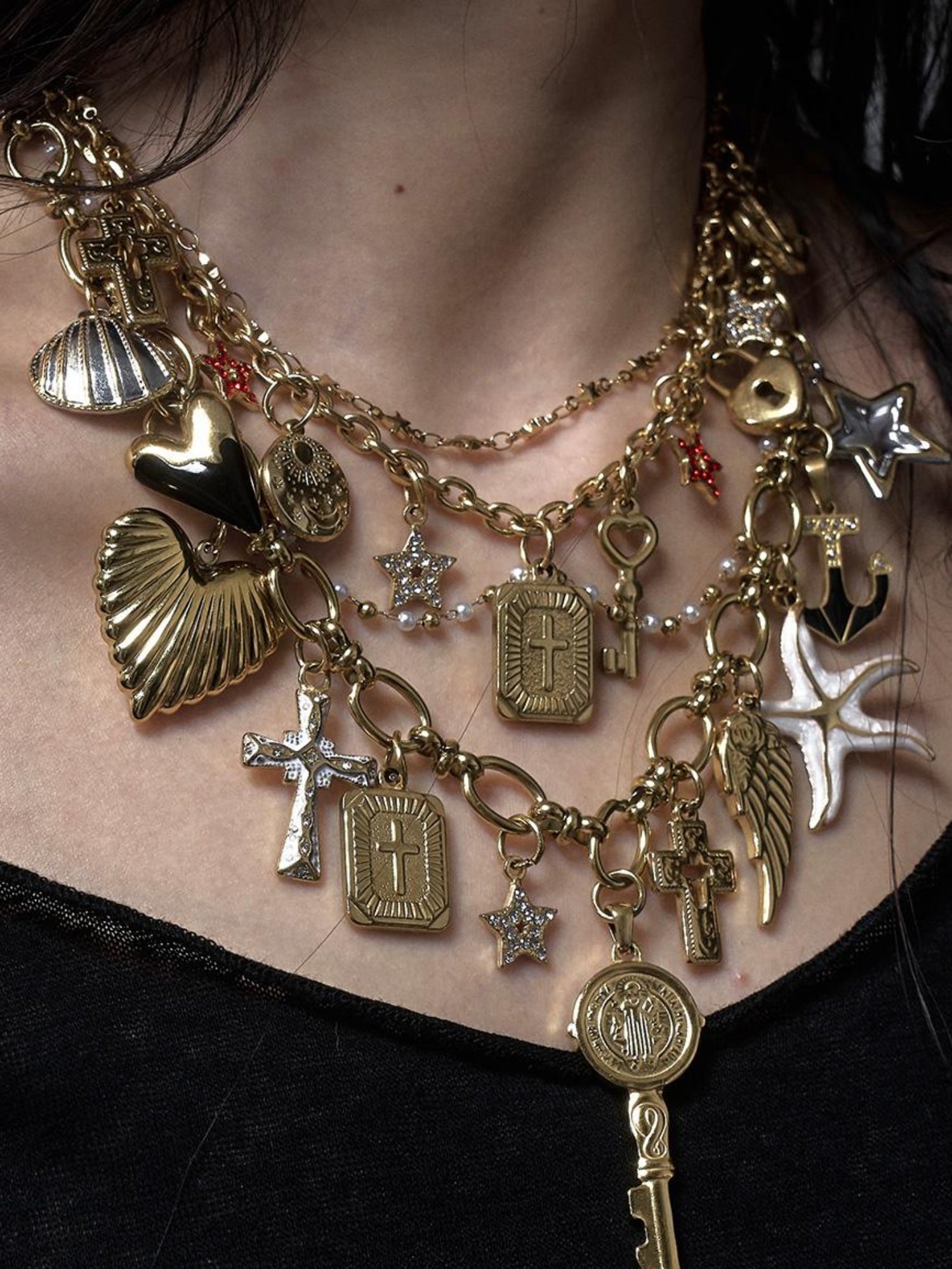 NO ROMANCE Punk Retro Cross Layered Necklace With Heart & Rhinestones