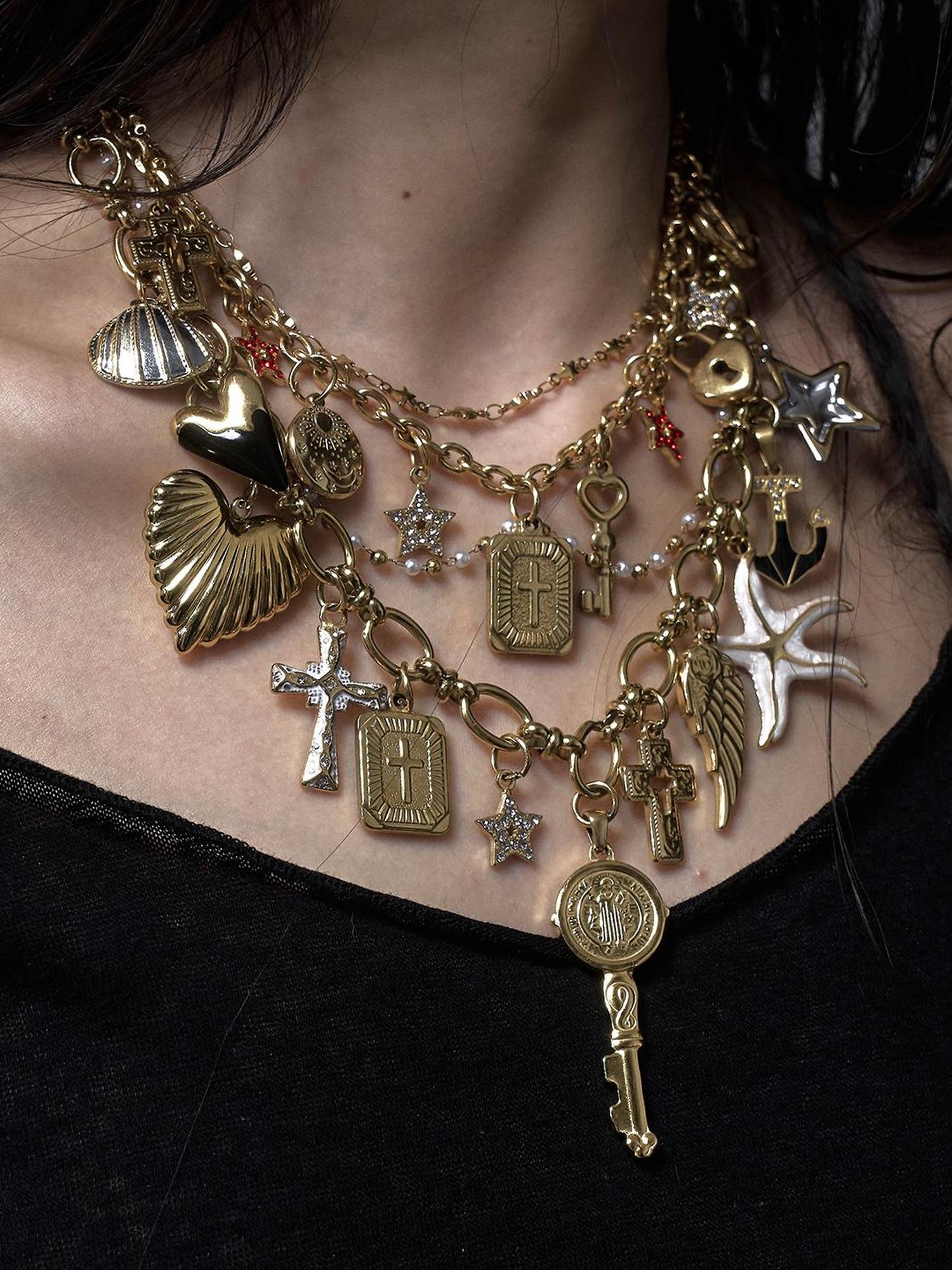 NO ROMANCE Punk Retro Cross Layered Necklace With Heart & Rhinestones