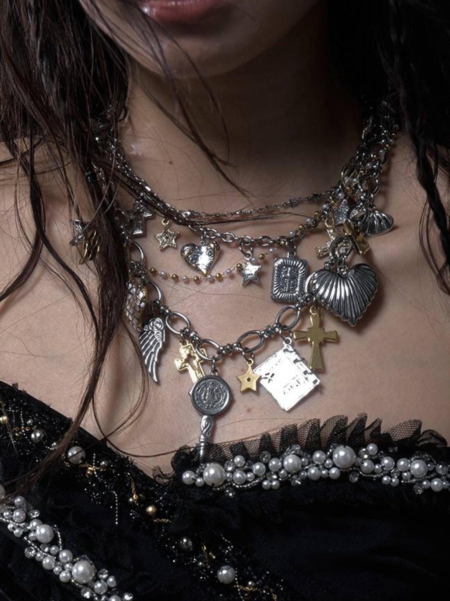 NO ROMANCE Punk Retro Cross Layered Necklace With Heart & Rhinestones