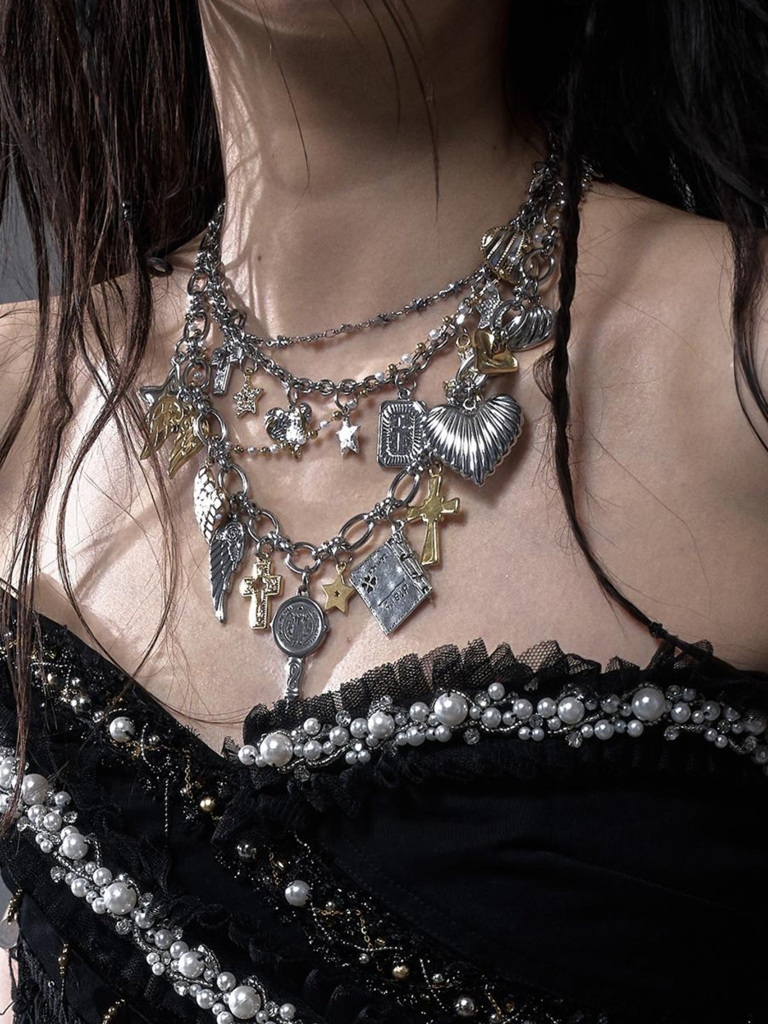 NO ROMANCE Punk Retro Cross Layered Necklace With Heart & Rhinestones