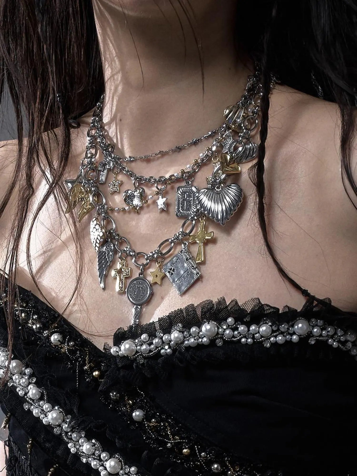 Punk Retro Cross Layered Necklace With Heart & Rhinestones