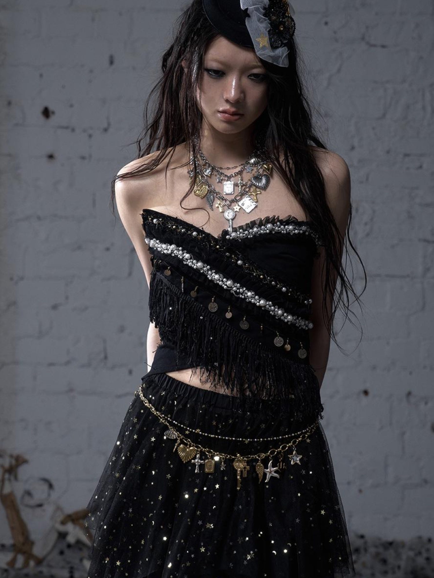 NO ROMANCE Punk Retro Cross Layered Necklace With Heart & Rhinestones