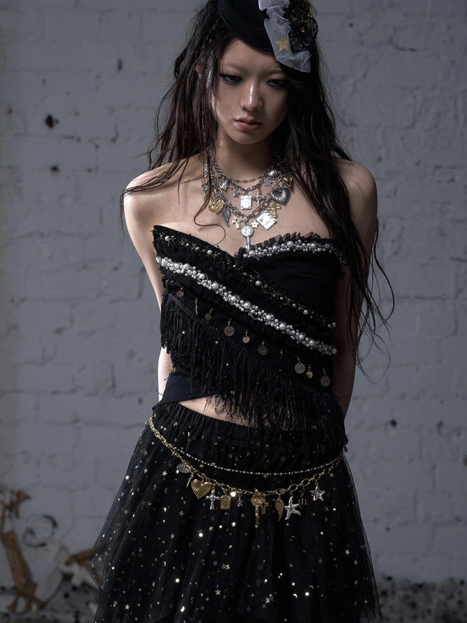 Punk Retro Cross Layered Necklace With Heart & Rhinestones