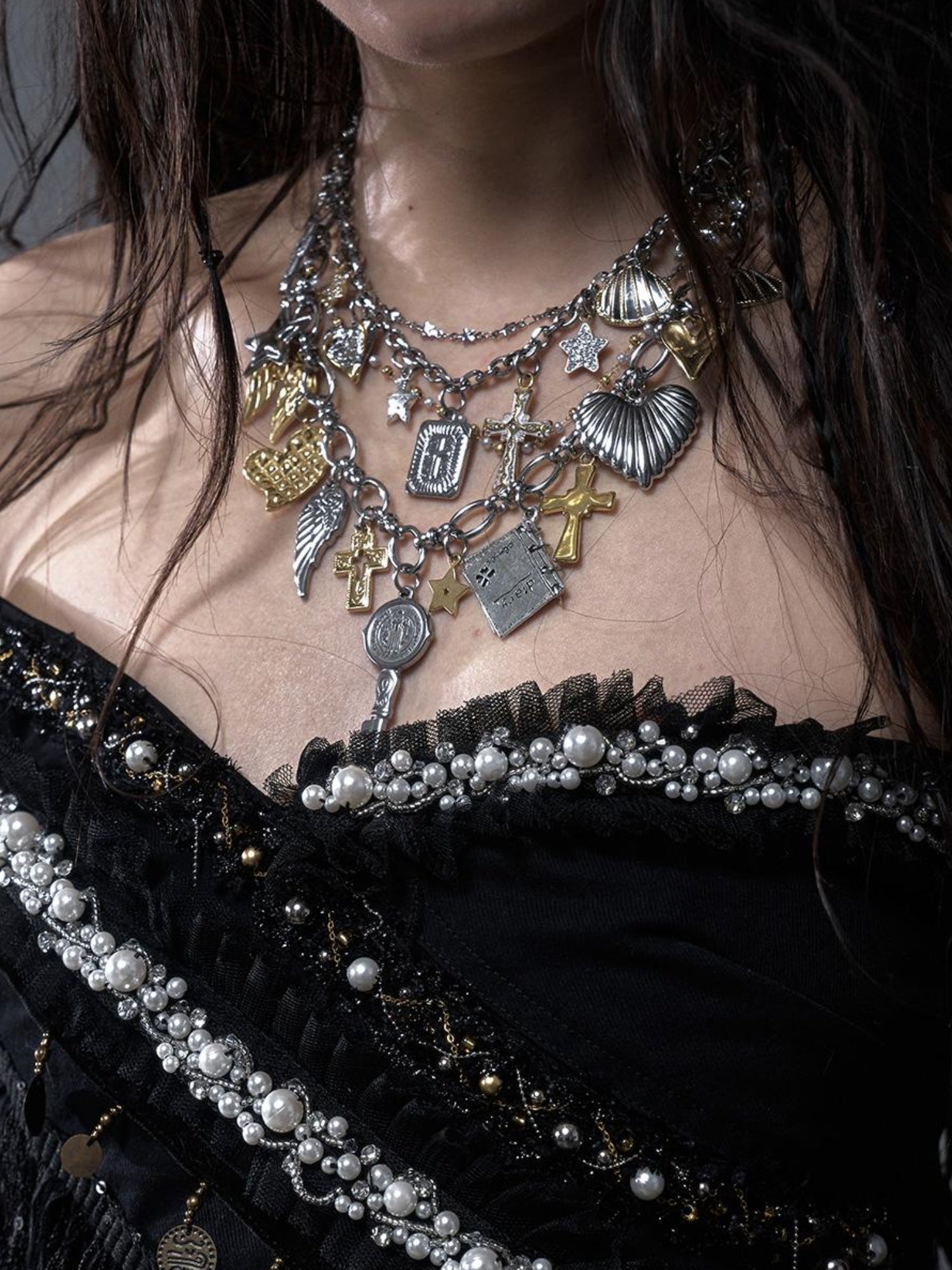 NO ROMANCE Punk Retro Cross Layered Necklace With Heart & Rhinestones