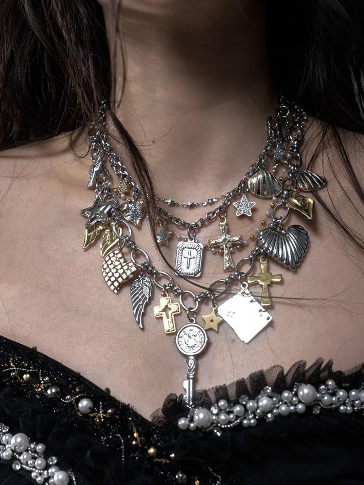 NO ROMANCE Punk Retro Cross Layered Necklace With Heart & Rhinestones