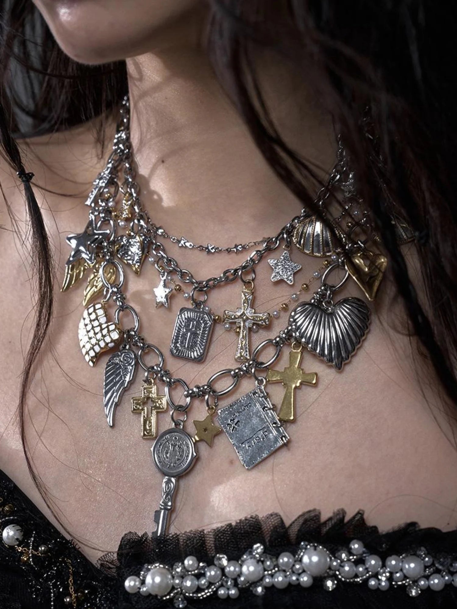 Punk Retro Cross Layered Necklace With Heart & Rhinestones