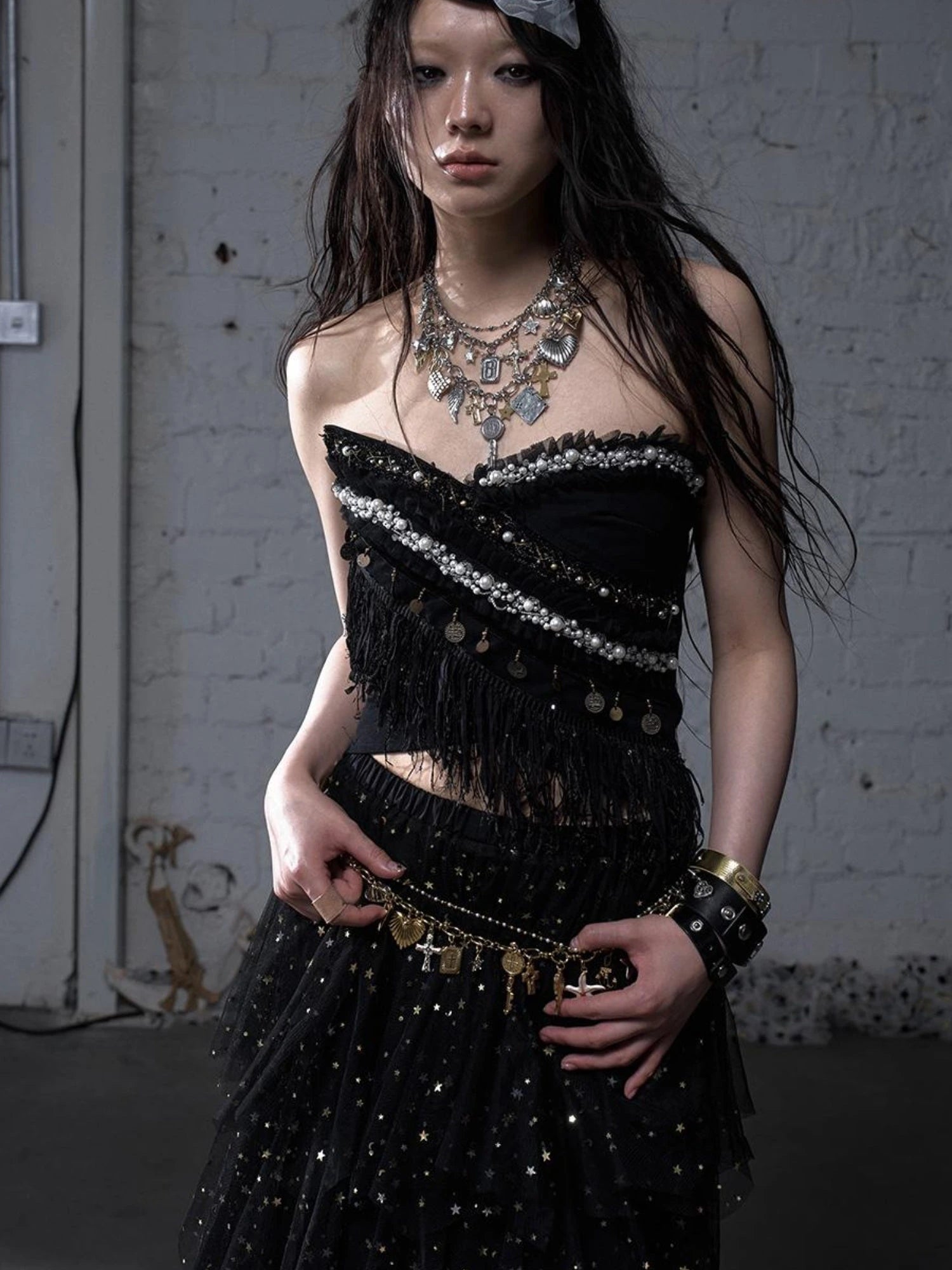 Punk Retro Cross Layered Necklace With Heart & Rhinestones