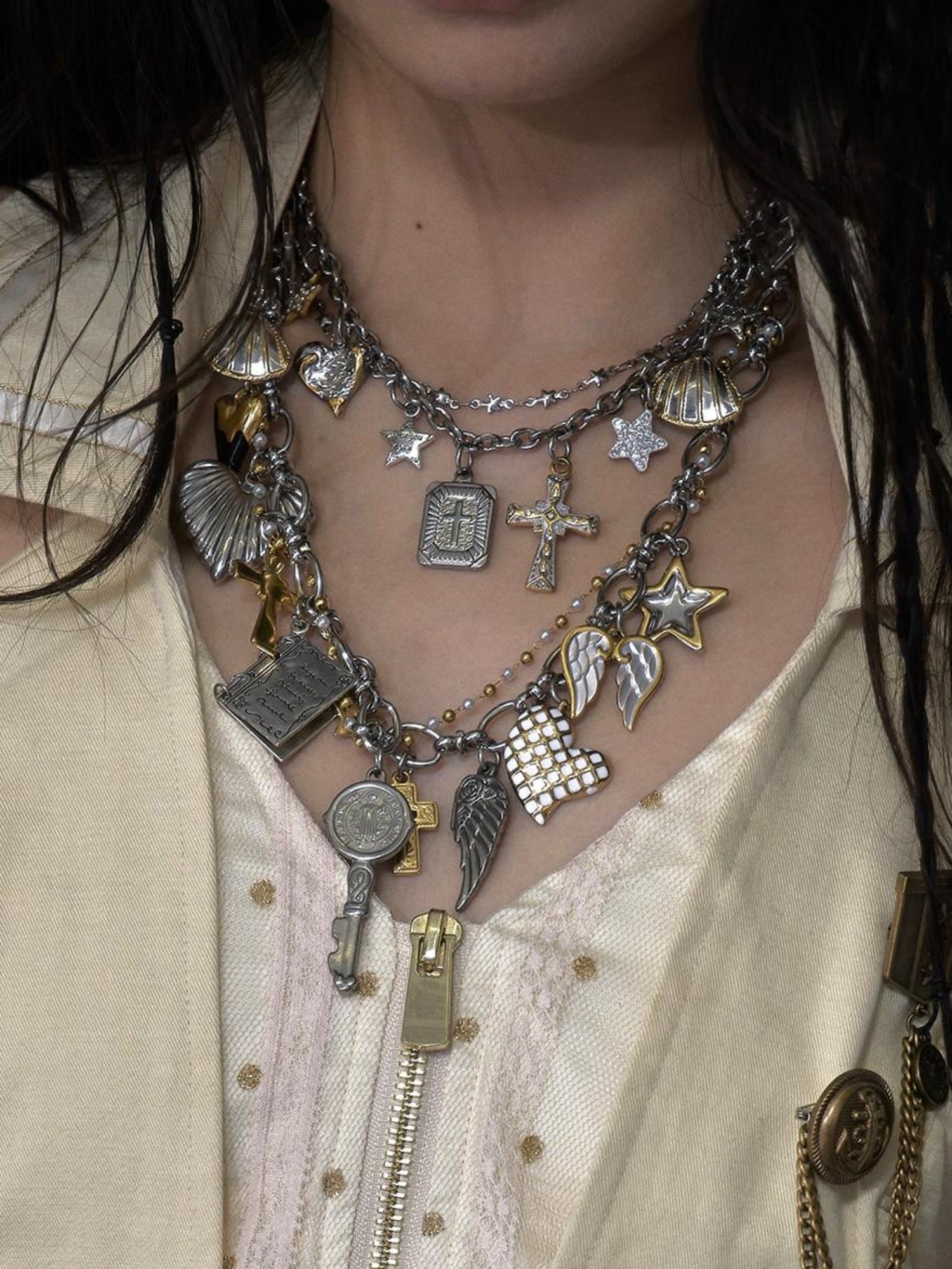 NO ROMANCE Punk Retro Cross Layered Necklace With Heart & Rhinestones